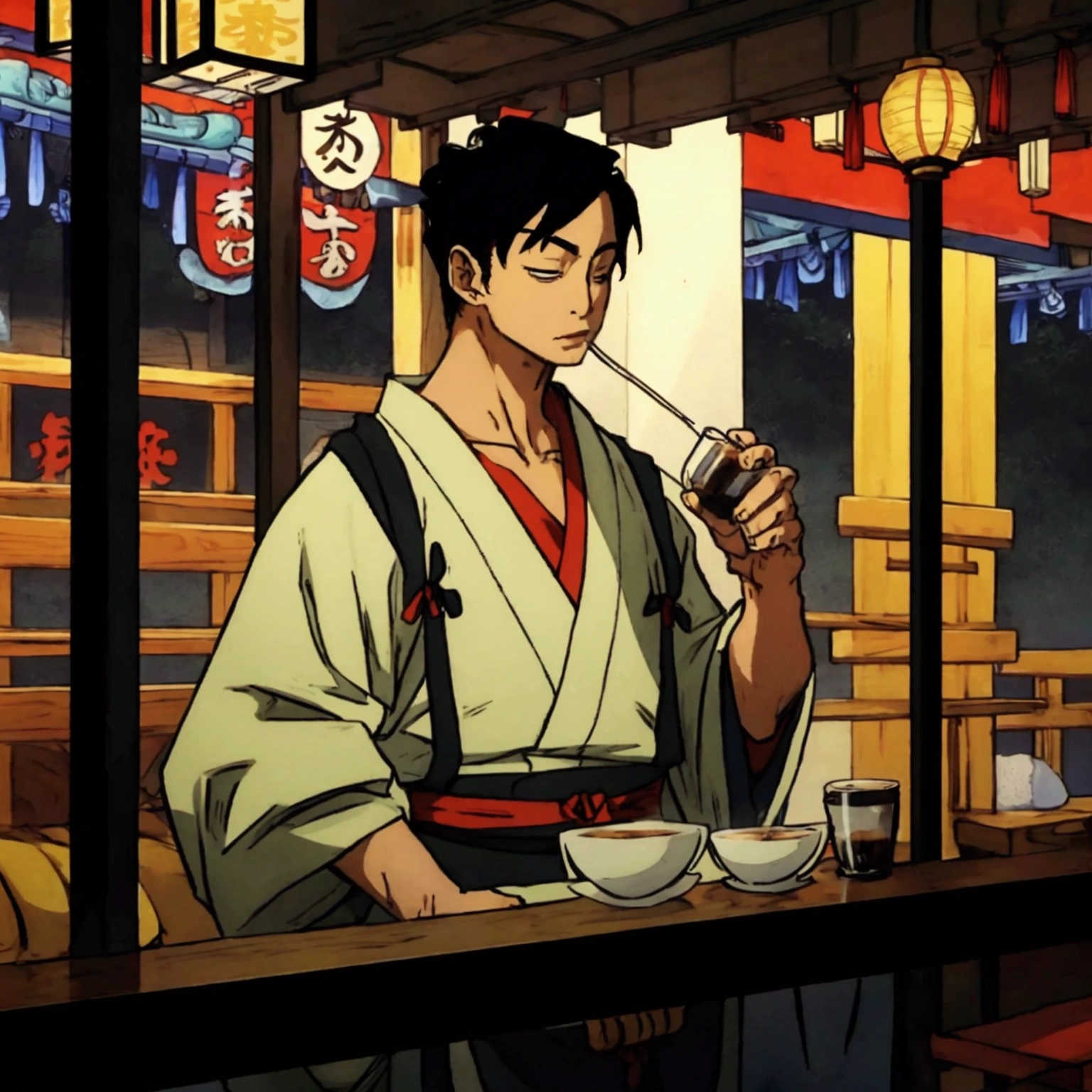 samurai boy drinking coffee at a coffee shop in Tokyo