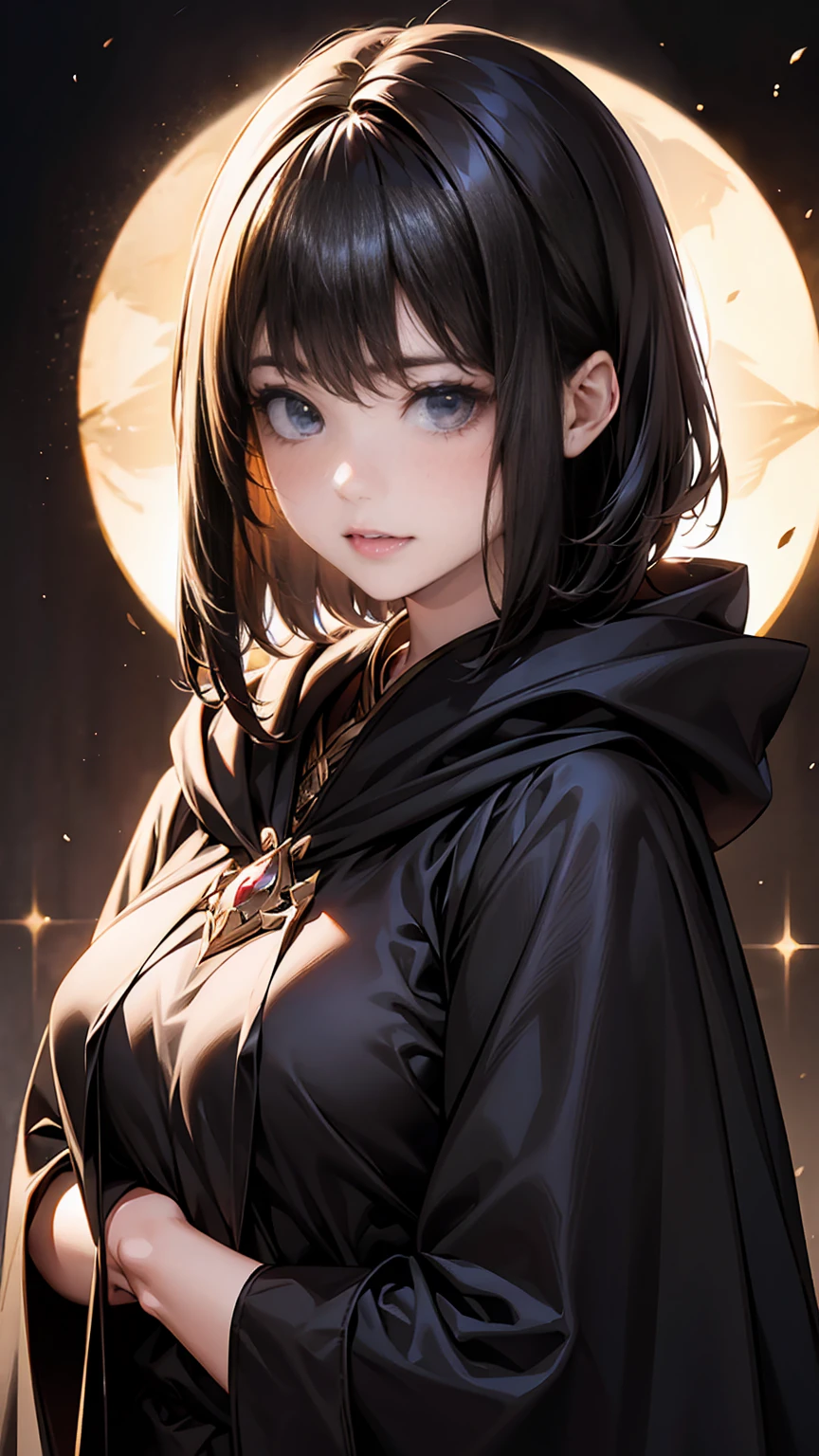 highest quality、masterpiece、8K、realistic、ultra high resolution、very delicate and beautiful、HDR、cinematic lighting、medium range shooting、portrait、perfect female body、Beautiful woman、mature woman、Contrasting、put your hand on your head、look at the audience、((short hair:1.6, black hair))、((Secret of another world fantasy:1.6、Black clothing that blends into the darkness:1.3、cloak with hood))、Eyes of the Night、Shadow Power