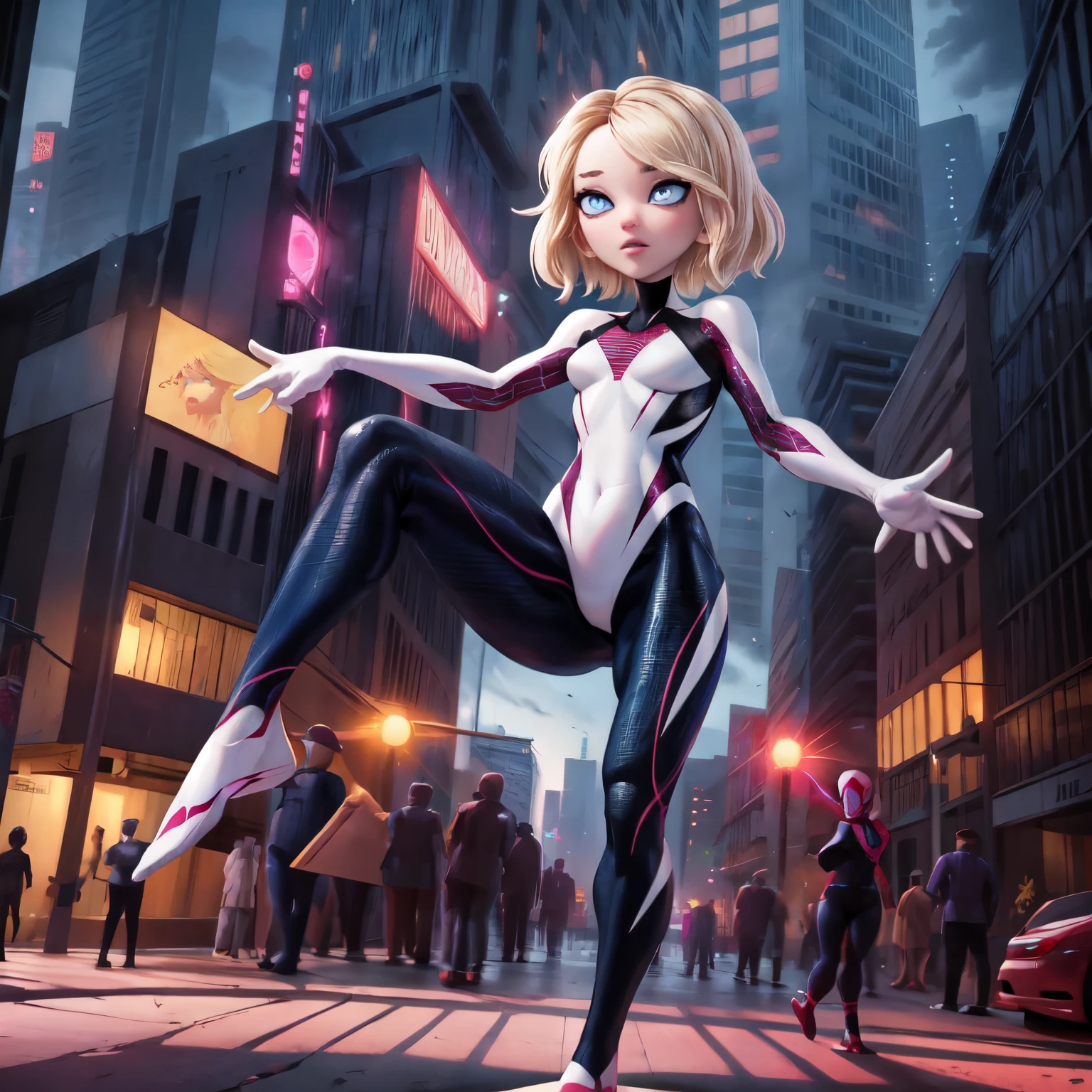 (masterpiece, best quality, hyper detailed),dynamic angle,full body,spider web, gwen stacy, blonde hair, ((blue eyes)), spider-gwen suit, bodysuit , superhero, depth of field, night, neostyle, city,