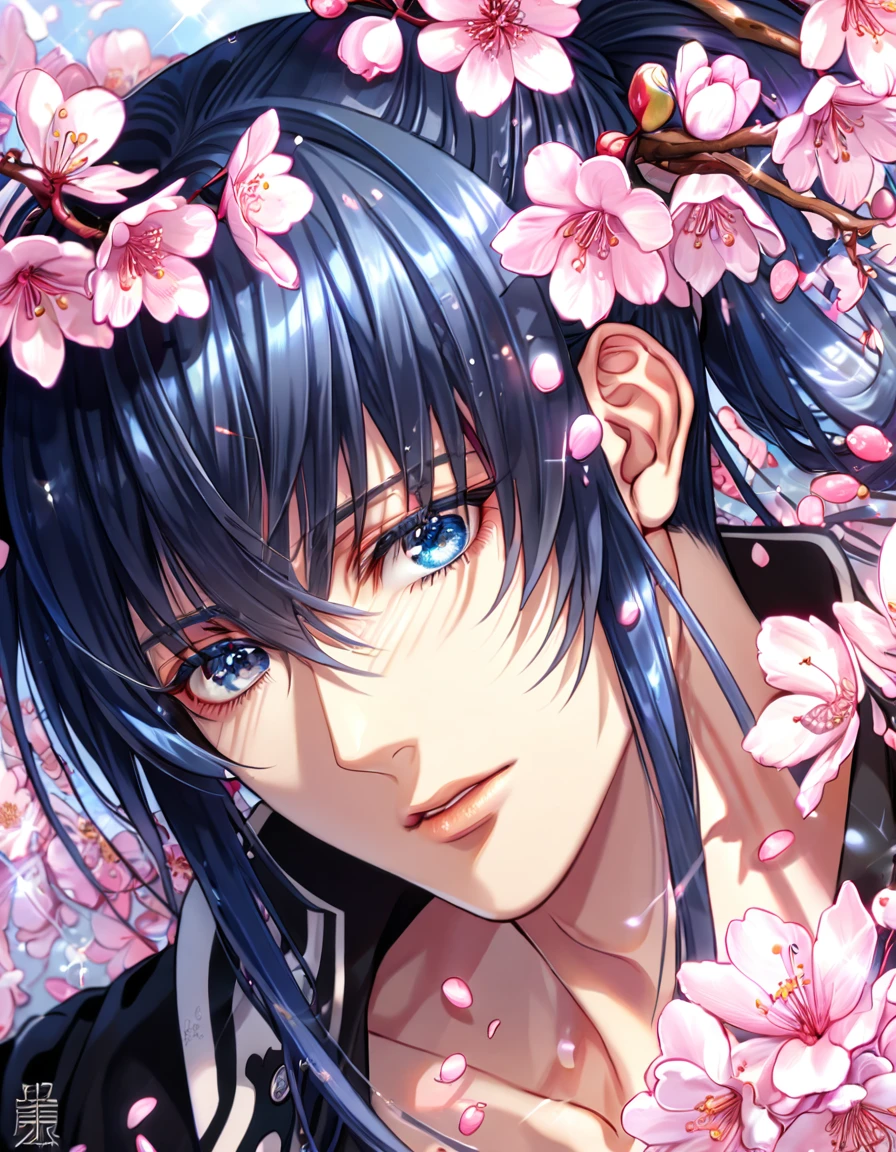 absurdres, highres, ultra detailed, HDR, master piece, best quality, extremely detailed, Kanda Yuu, dark blue hair, hair tied in a ponytail, expressive blue eyes, D.Gray-man, solo, sexy man, handsome, sensual, black coat, magical, sparkling, pink glittering fireflies, pink ice, pink ice butterflies, pink ice petals, pink ice cherry blossoms, pink crystal