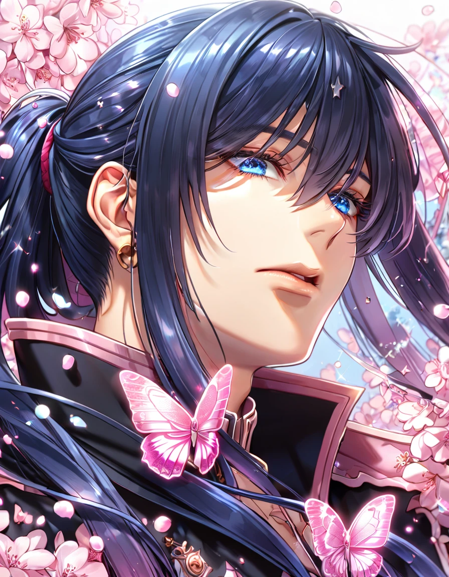 absurdres, highres, ultra detailed, HDR, master piece, best quality, extremely detailed, Kanda Yuu, dark blue hair, hair tied in a ponytail, expressive blue eyes, D.Gray-man, solo, sexy man, handsome, sensual, black coat, magical, sparkling, pink glittering fireflies, pink ice, pink ice butterflies, pink ice petals, pink ice cherry blossoms, pink crystal