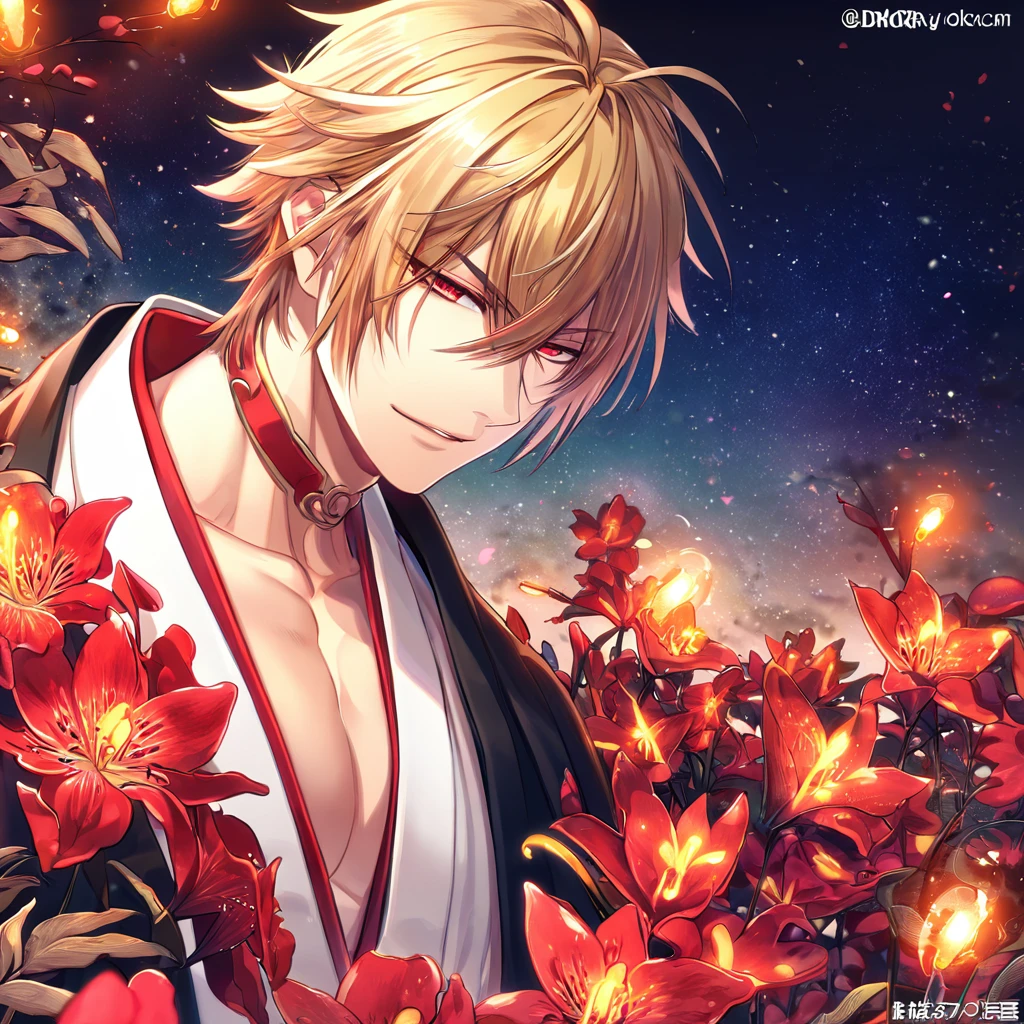 absurdres, highres, ultra detailed, HDR, master piece, Kazama Chikage, honey blonde hair, expressive red eyes, black haori with yellow trimm, white traditional kimono with yellow trimm, red collar, Hakuouki, sexy man, handsome, best quality, red lilies flowers, fantasy, solo, red shining fireflies, red petals, sensual, starry sky, shining, red blossoms