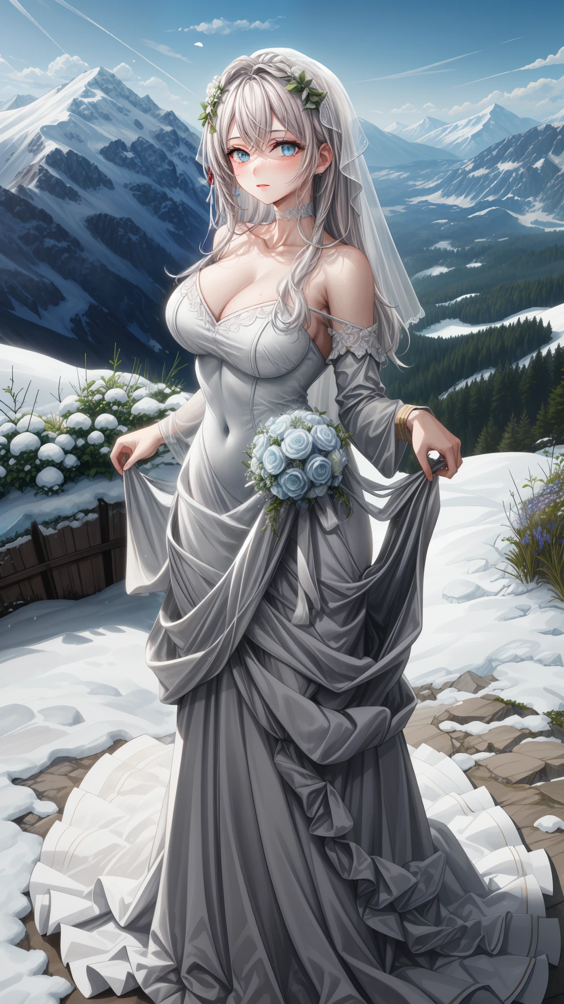 

(1 girl), (masterpiece), (Best Quality), ((looking at the viewer)), ((Whole body)),((in front of the viewer)), ((dress that highlights your figure)), ((by white)), ((beautiful wedding dress)), ((white hair))

In a serene alpine setting, on top of a snow covered mountain, a young woman stands gracefully. Their hair, as pure and white as freshly fallen snow, cascades down your shoulders in soft waves. his eyes, a striking shade of blue reminiscent of deep sapphires, reflect the clear, cool sky above. She is adorned with an elegant, Flowing white dress that flutters slightly in the mountain breeze., accentuating her slender figure. The morning sun bathes her in a soft, golden glitter, highlighting the delicate features of your face: a serene expression that reflects the tranquility of its surroundings.. Your gaze is fixed on the panoramic view of steep valleys and distant peaks., a scene painted with pristine snow and lush greenery under the vast, immaculate sky.