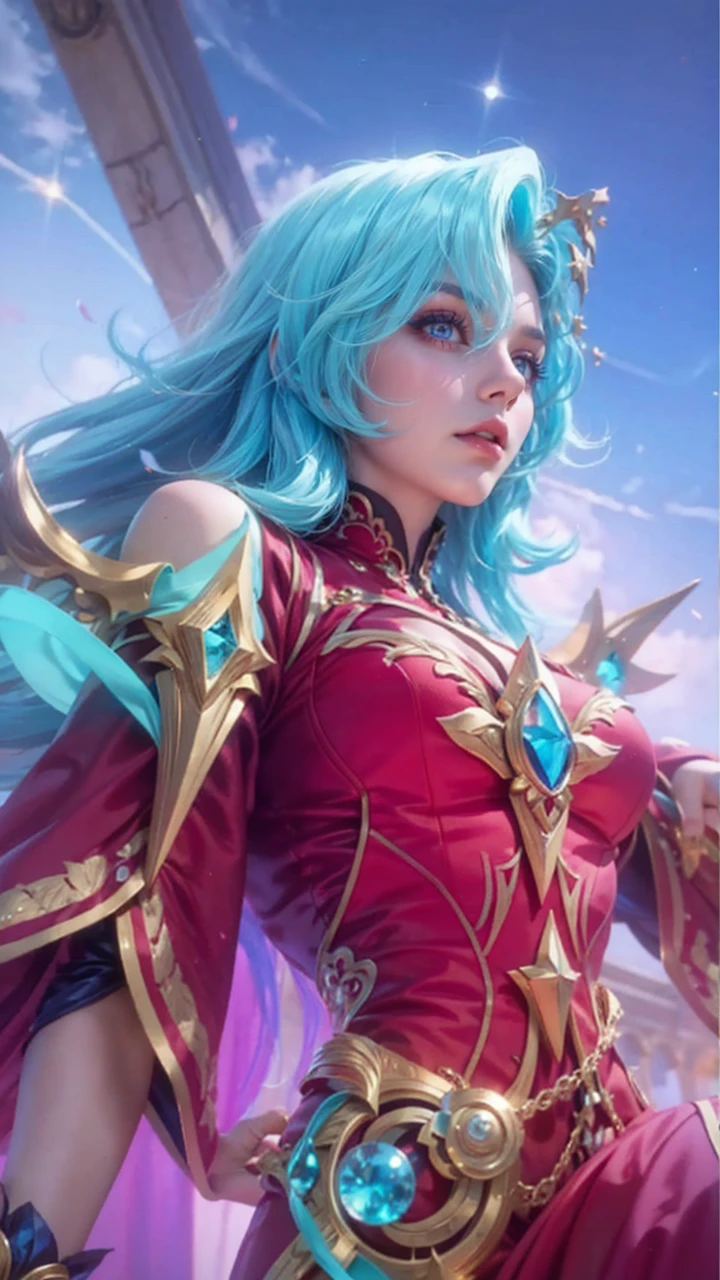 Blue hair girl, European Girl, very beautiful girl, alluring, Downturned eyes, red dress, astral vibe.