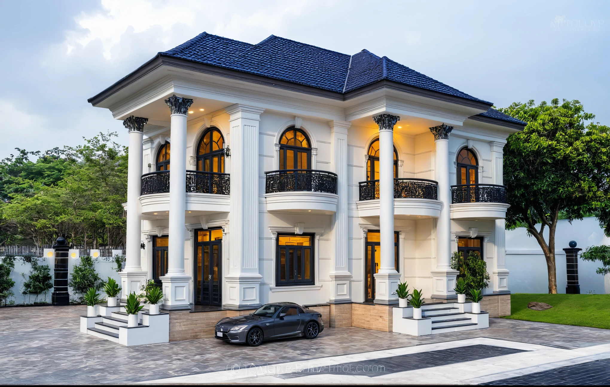 (masterpiece:1.2), best quality, photo of A two-story modern house in VietNam with white walls and dark tiles on the roof., dark granite tiled wall, tree and plant environment,daylight, streetcapes, natural light, vivid color, The exterior of an elegant single family home features large windows, a dark gray door frame.