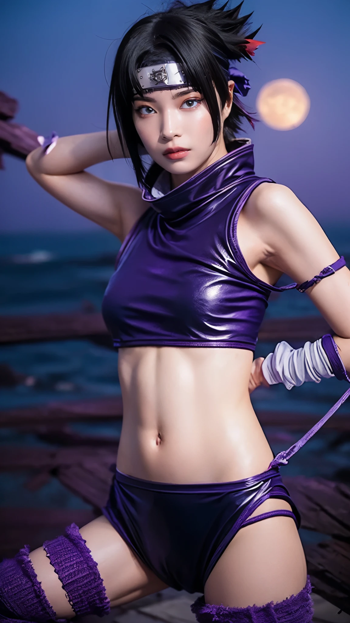 Moisturized skin, (red eyes: 1.4), perfect body, adult female body, mature, cold expression, ((hands making a seal)),
BREAK,
(beautiful navel), (kunoichi), (ninja), sexy, (kunai), (leather), fishnet, (fishnet stockings: 1.2), (black clothes), bright red lipstick, (ninja clothes: 1.4),
BREAK,
(highly realistic hair: 1.2), spiky black hair, spiky hairstyle, ((headband on forehead)),
BREAK,
((masterpiece + highest quality + high resolution + highly detailed)), (full body: 1.2), symmetrical, one shot,
BREAK,
(real blue electricity flows), (Wind blows), (Battle stance: 1.4), ((A big full moon is in the sky)),
BREAK,
(Uchiha Sasuke: 1.3), Elegant, Neon city, night, long, big, thick rope tied around waist, ((Real purple electricity runs through the whole)),