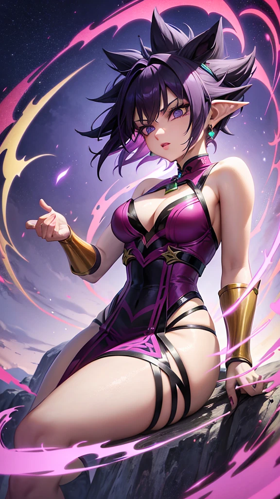 Short purple hair emo girl with purple eyes and elf ears short hair dressed as haughty and attractive sorceress floating on water surrounded by electricity warrior genshin impact Character design