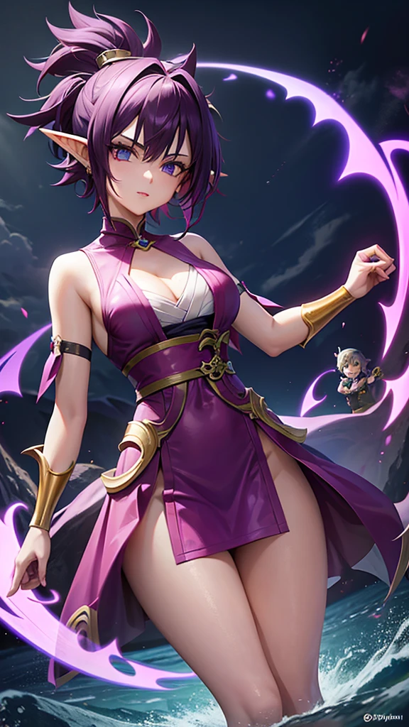 Short purple hair emo girl with purple eyes and elf ears short hair dressed as haughty and attractive sorceress floating on water surrounded by electricity warrior genshin impact Character design