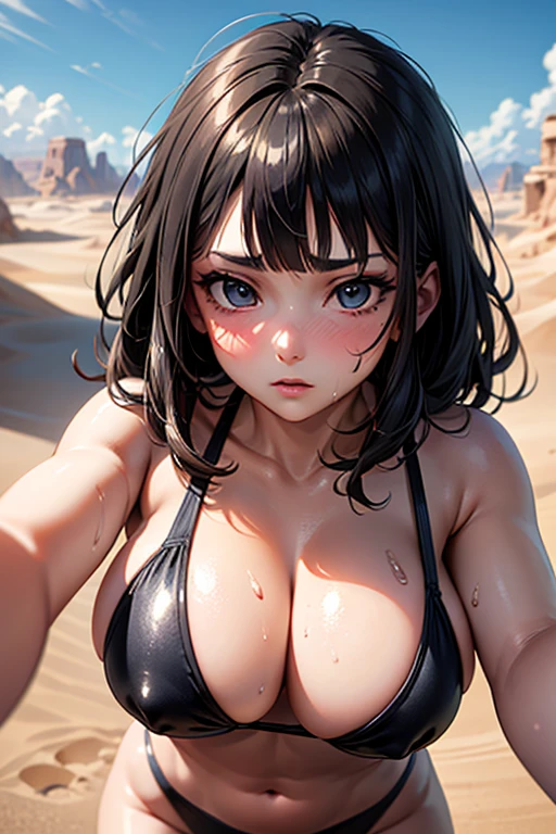 masterpiece, Highest quality,  Unreal Engine,  Super Resolution,  Very detailed, 

Beautiful woman, May, alone, blunt bangs, bangs, Long black hair, Vivid expression, Healthy Body, Beautifully detailed sweat glands, Smooth skin texture, Carefully drawn, Ultra shiny metallic swimsuit, 

(humidity:1.2), Beautiful Eyes, (Attractive face:1.2), (Beautiful Skin), (Big Breasts), Puffy nipples, (Sticky with sweat), In a dynamic pose,

In the world of Dragon Ball, Outdoor, In a desert oasis