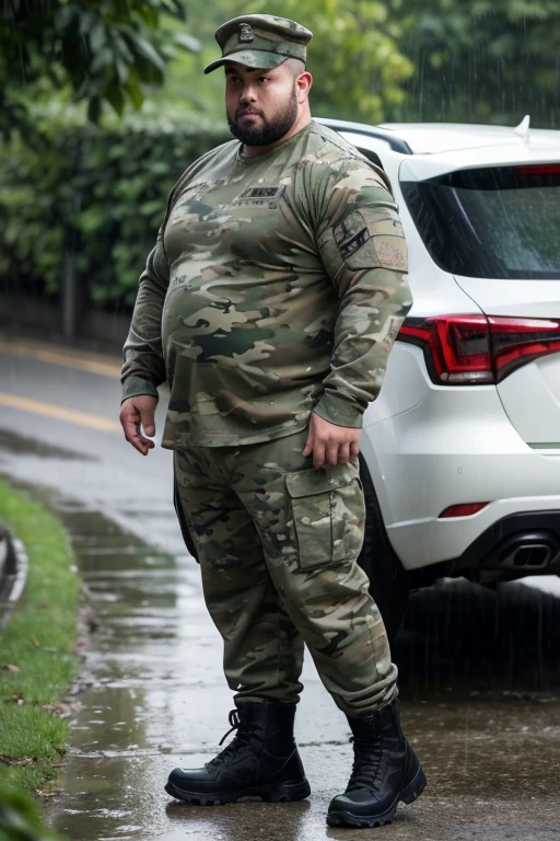Under heavy rain，There was a man wearing a set of military green camouflage tactical clothes and pants standing guard with his back to me.，He was wearing brown combat boots.！Wear long white socks！This bear-like man has big arms and a thick waist.，Obese，Fat-wrapped muscles，Especially the pectoral muscles，Very big！No belly！And he&#39;s a head taller than me.，Beard，Buzz cut。I&#39;m already soaked in the rain！Clothes are wet！But still insist on standing guard，Stand in military posture，stand at attention，，Keep your palms close to the outside of your legs，Legs together，Very serious，Very dedicated。Notice：He was soaking wet.！