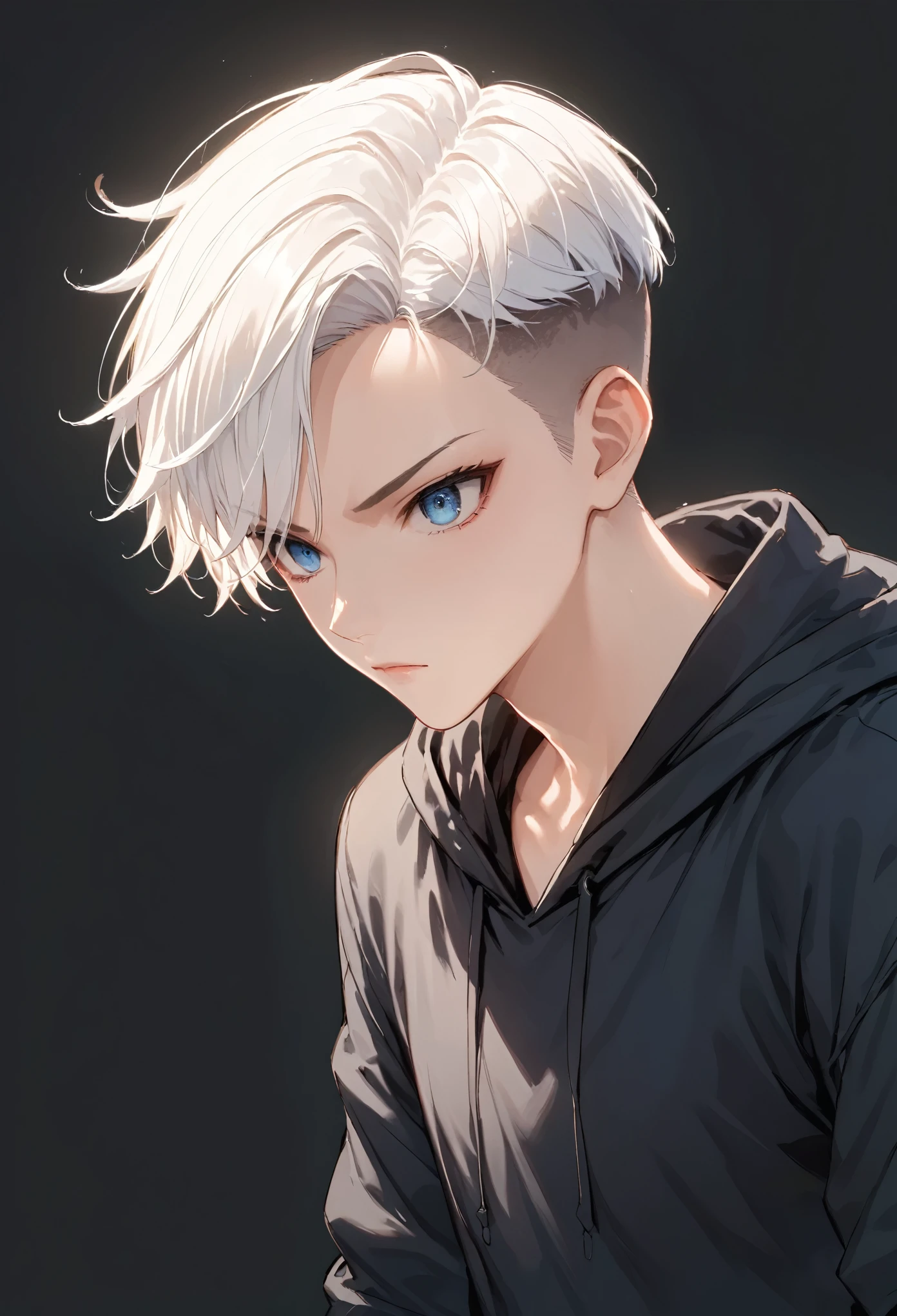 score_9, score_8_up, score_7_up,source_anime, high res image,masterpiece,best quality,anime boy,white hair,undercut hair,blue eyes,black hoodie,simple background,rage,