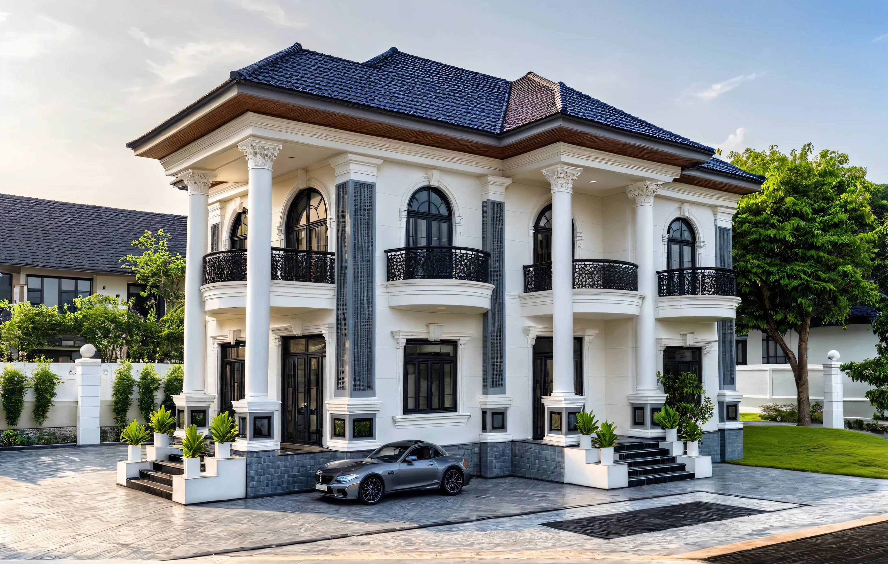 (masterpiece:1.2), best quality, photo of A two-story modern house in VietNam with white walls and dark tiles on the roof., dark granite tiled wall,  tree and plant environment,daylight, streetcapes, natural light, vivid color, The exterior of an elegant single family home features large windows, a dark gray door frame.