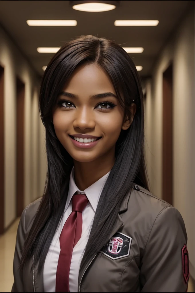 Screenshot of my hero academy, a 21 year old girl anime style , Light brown skin, Medium hair, straight with fringe to the sides, one eye violet and the other black slanted with egocentric makeup, showing a provocative smile with slightly marked fangs. wear the UA uniform, gray jacket with red tie, with background of the halls of the UA sunny day, screenshot from Bones Studios