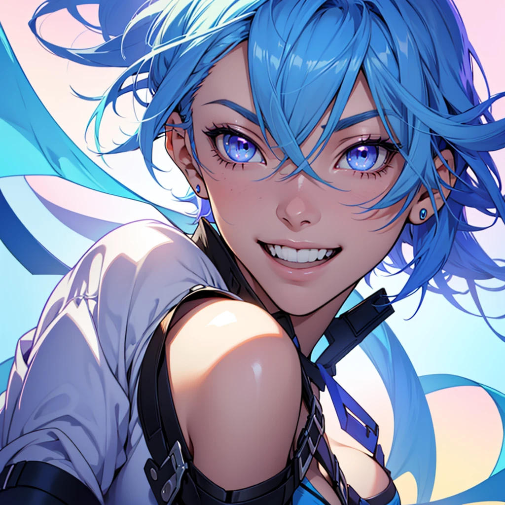 solo, One girl, High resolution, Shortcuts, Blue Hair，
Gradient color hairstyle, Inner Color, Light blue hairLarge breasts, smile, blue eyes, Purple eyes, laughing, Odd Eye, 