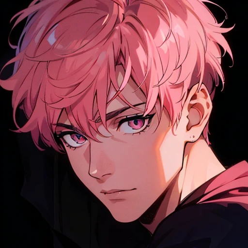front view, digital artwork of a teen male character. He has short, spiky pink hair, with individual strands visible, giving it a textured and natural look. His eyes are a striking, deep blue color, exuding depth and emotion, with subtle highlights to enhance their expressiveness. The character has a pale, smooth complexion and a delicate, aesthetically pleasing face with fine features. He possesses a slender, well-defined jawline and a narrow chin, contributing to a refined and elegant appearance. His overall facial structure is delicate, with soft lines and a graceful look. He wears a dark zip up hoodie. The background should be dark and minimalistic to focus on the character's facial features and hair details, while the lighting should subtly accentuate the contours of his face and hair texture for a more lifelike appearance.