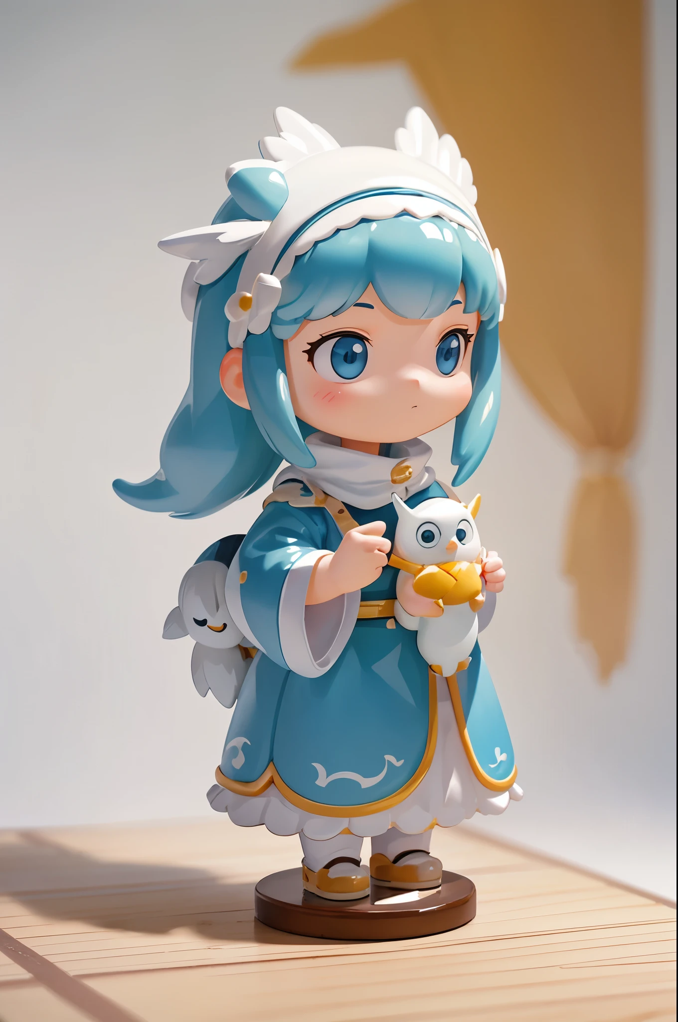(masterpiece:1.2, Highest quality,High resolution,Super detailed),(An illustration),8k,wallpaper,Ultra-fine painting,A figurine of a woman wearing a snowy owl stuffed toy,cute,A charming face,There is no motivation,Isometric 3D diorama,Decorated in the room