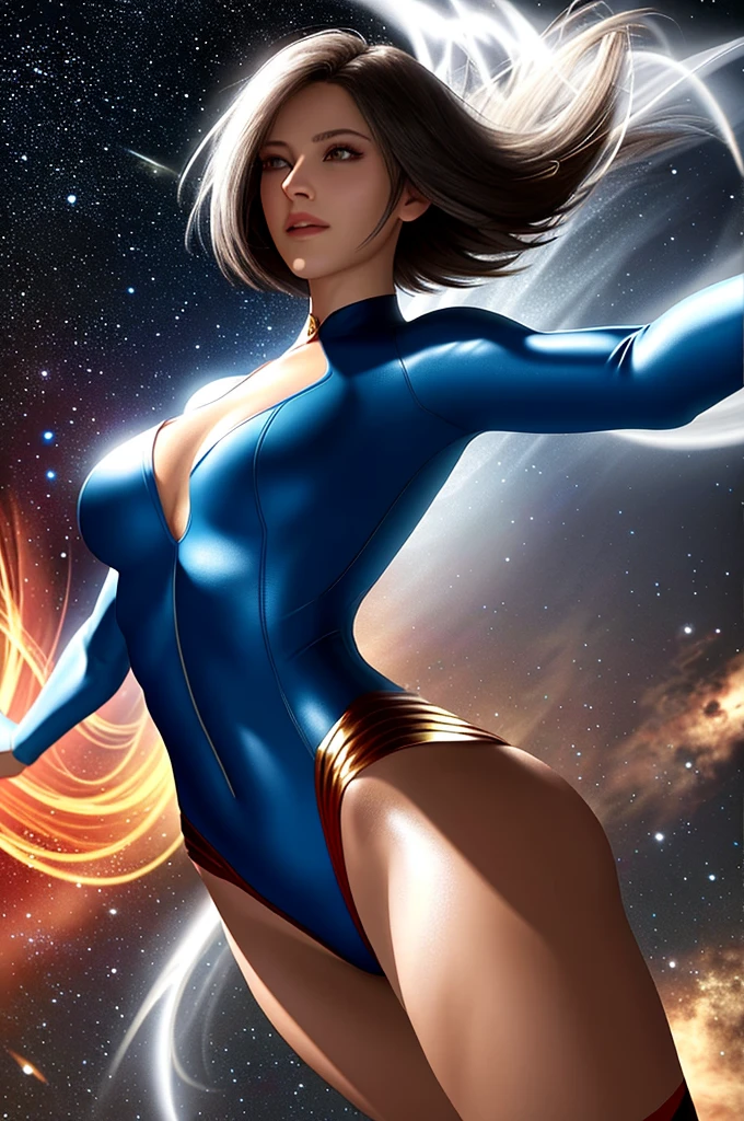 Superman female version.
Young woman dressed in tights, Short bob style hair, blue eyes,
- Entirely white and red fitted suit - suit that enhances female anatomy,
- Standing, with a firm and confident posture, big hips, big , small waist, big chest, flying over a city with a determined look.
- In a sensual pose, ready for action, with one arm extended and the other flexed.
- Sensual and mischievous look, transmitting lust .
-oft but confident smile can add warmth and bring the character closer.
- A cosmic scene with planets and stars, showing your connection to the universe.
- A night landscape,
- Soft, warm light that highlights the textures and details of the suit.
- Shadows that accentuate the muscles and figure, creating a dramatic contrast.
- Light effects that suggest energy and power emanating from the character.
- Hair blowing in the wind, adding dynamism.
- Visual effects such as flashes of light or auras that enhance your power.
- Add moving elements, like hair, to give life and energy to the image.