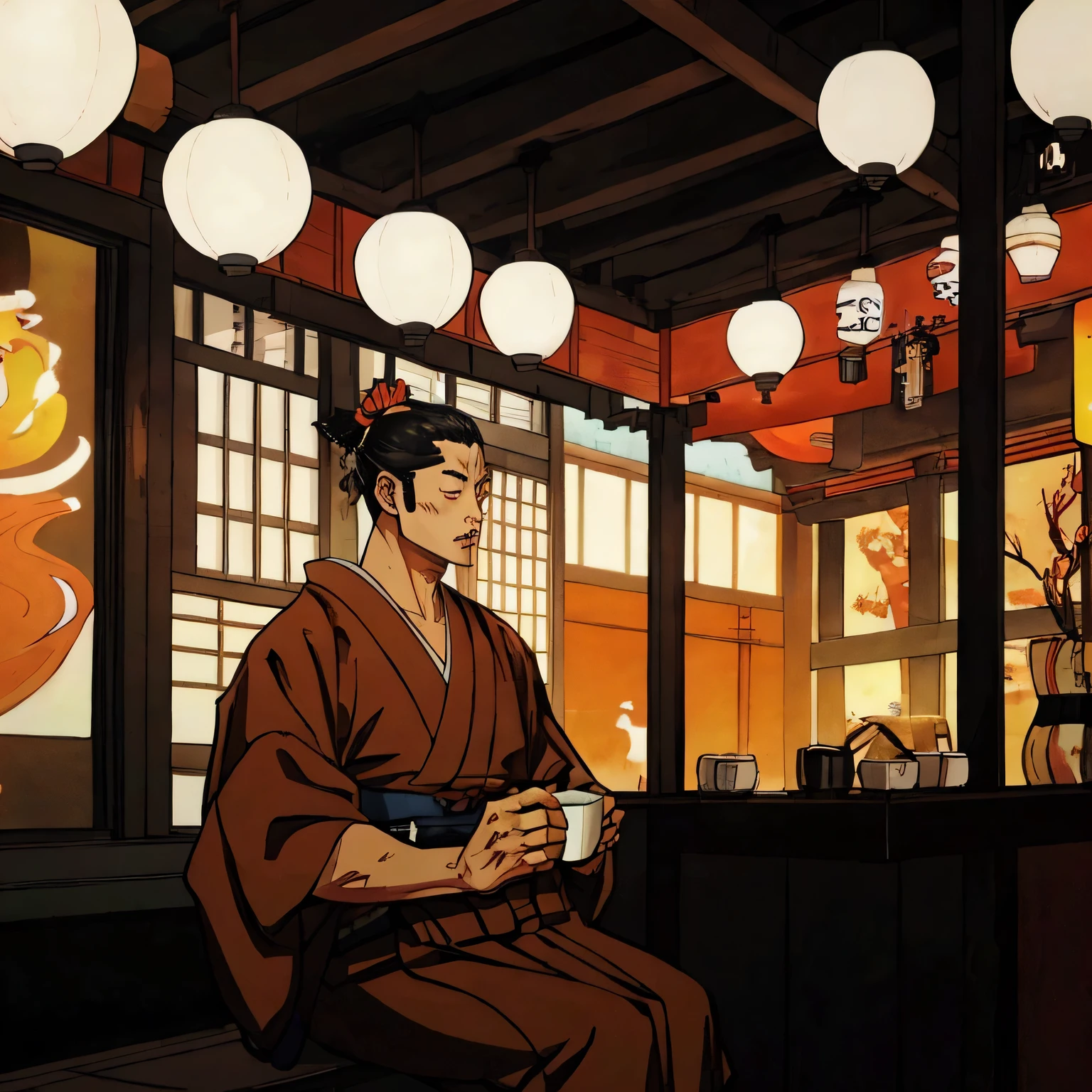 samurai boy drinking coffee at a coffee shop in Tokyo
