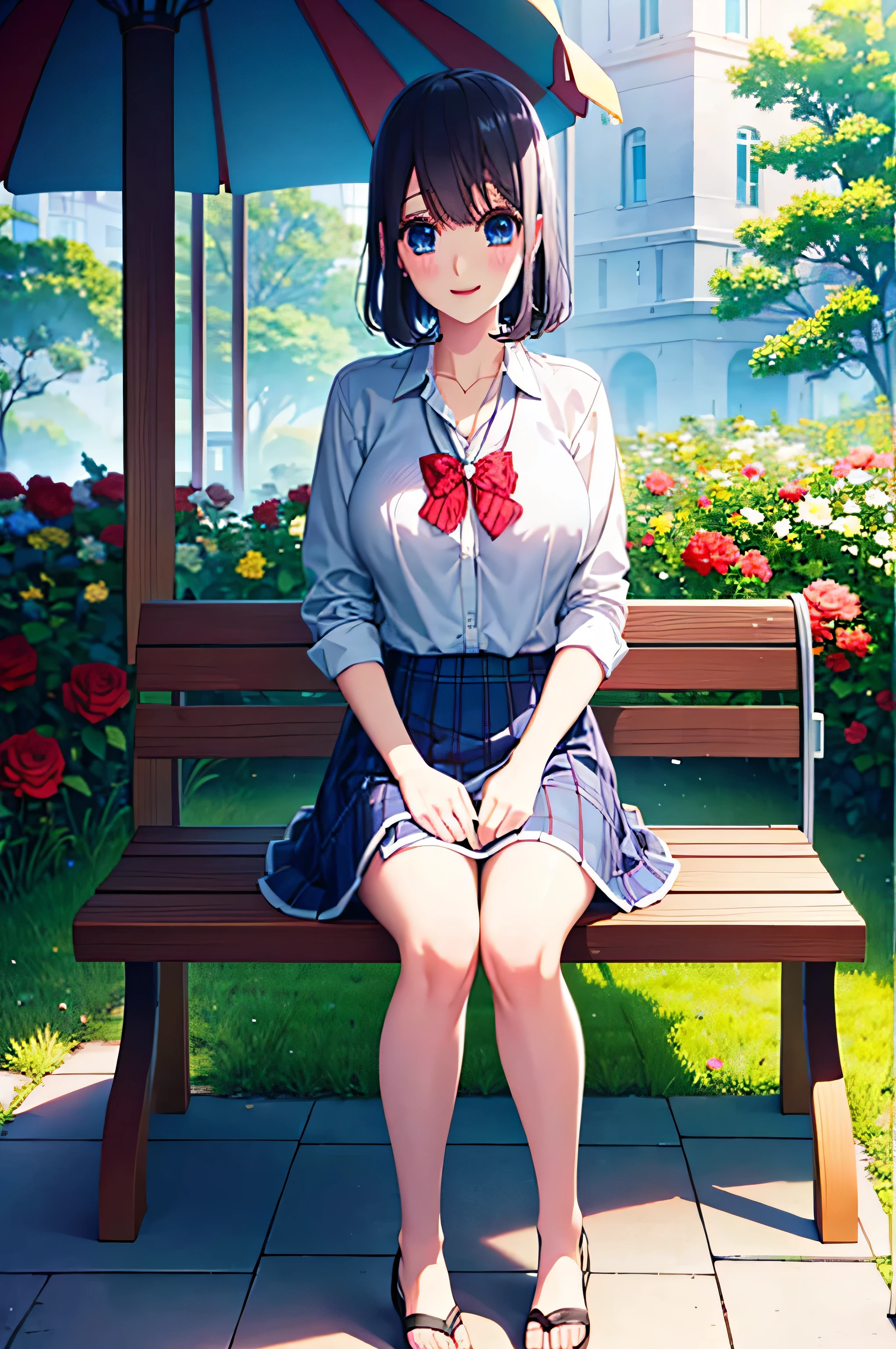 misaki_takasaki, 1girl, black hair, blue eyes, , seen from afar, smiling, sitting on a bench inside a gazebo, looking at viewer, garden full of roses around, hands resting on lap, masterpiece, best quality, realistic, hdr