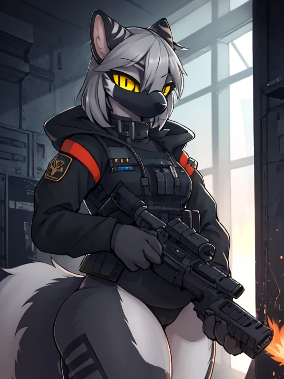 женщина anthro furry tiger ,absurdity, a high resolution, ultra detailed,
1 girl,oversized hooded jacket,whole body,
 Original character,girl,gray hair,yellow eyes,shoulder-length hair, complex black mask, military general, {Best quality}}, {{masterpiece}}, {{ultra detailed}}, {illustration}, {detailed light},
Nuclear fusion