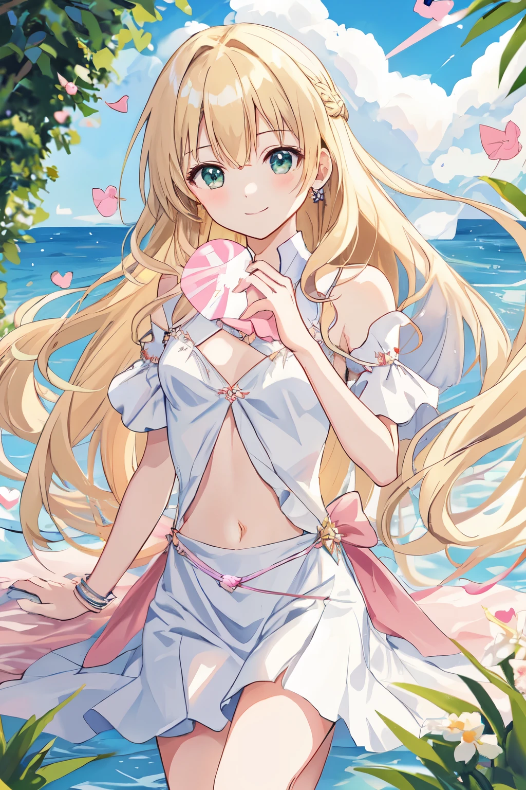 1_girl, (anime, kawai:2), (masterpeice, best_quality, clean:1.5), (sky_background:1.2), (cute, cute_smile, beautiful, wholesome, young:2), (delicate, extremely_delicate, beautiful, thin:1.5), (angel:1.8), (green_eyes, simple_eyes:1.8) (long_hair, blond_hair:1.8), wearing_pink_dress, pink_angel_wings:1.8), (combat:1.2), (nice, delicate:1.5), extremely_delicate, (love_magic:1.8), (age_size_fits_body), (small_thighs:1.3), (breasts), (eye_level:1.3), (heart_magic, love:1.8)