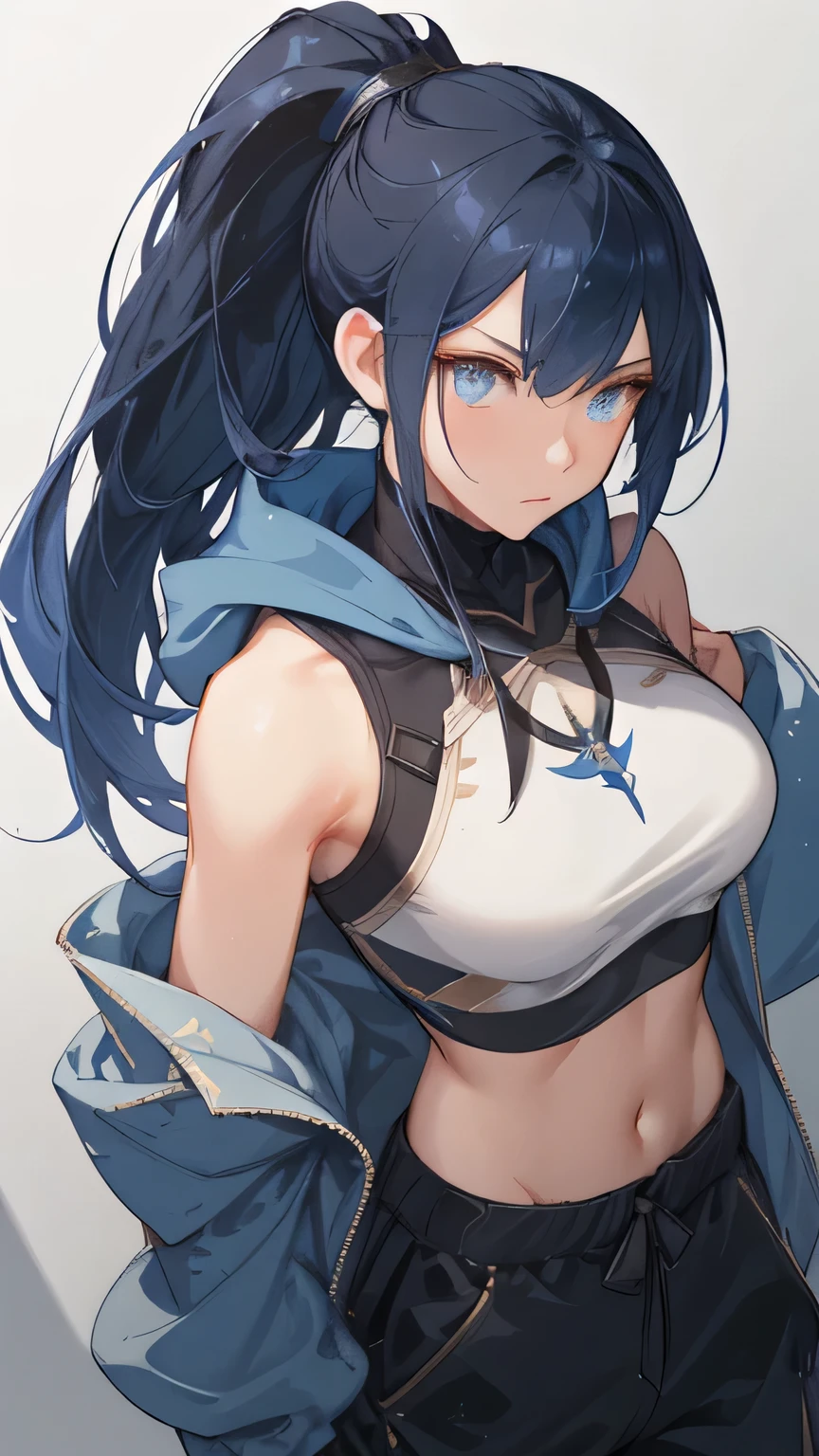 Kitana from Mortal Kombat 1, Make her face Arknights style looks like face, sharp slanted eyes, tounge out,tounge,Ponytail dark hair, shoulder long hair,the outfit are dark blue street wear colour,crop top oversized hoodie + cargo shortpants street wear, holding chinese traditional fan and blade, 1girl, soft blue one colour background