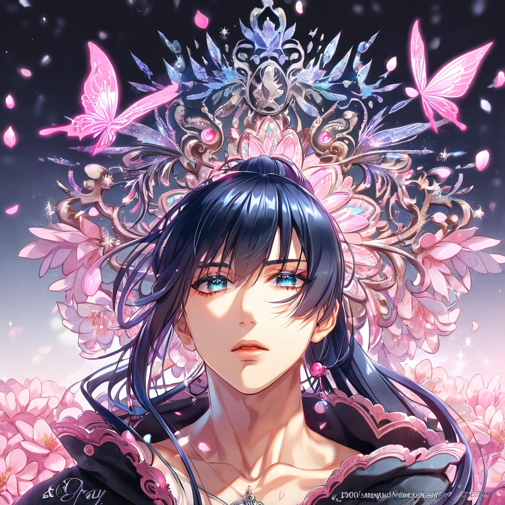 absurdres, highres, ultra detailed, HDR, master piece, best quality, extremely detailed, Kanda Yuu, dark blue hair, hair tied in a ponytail, expressive blue eyes, D.Gray-man, solo, sexy man, handsome, sensual, black coat, magical, sparkling, pink glittering fireflies, pink ice, pink ice butterflies, pink ice petals, pink ice cherry blossoms, pink crystal