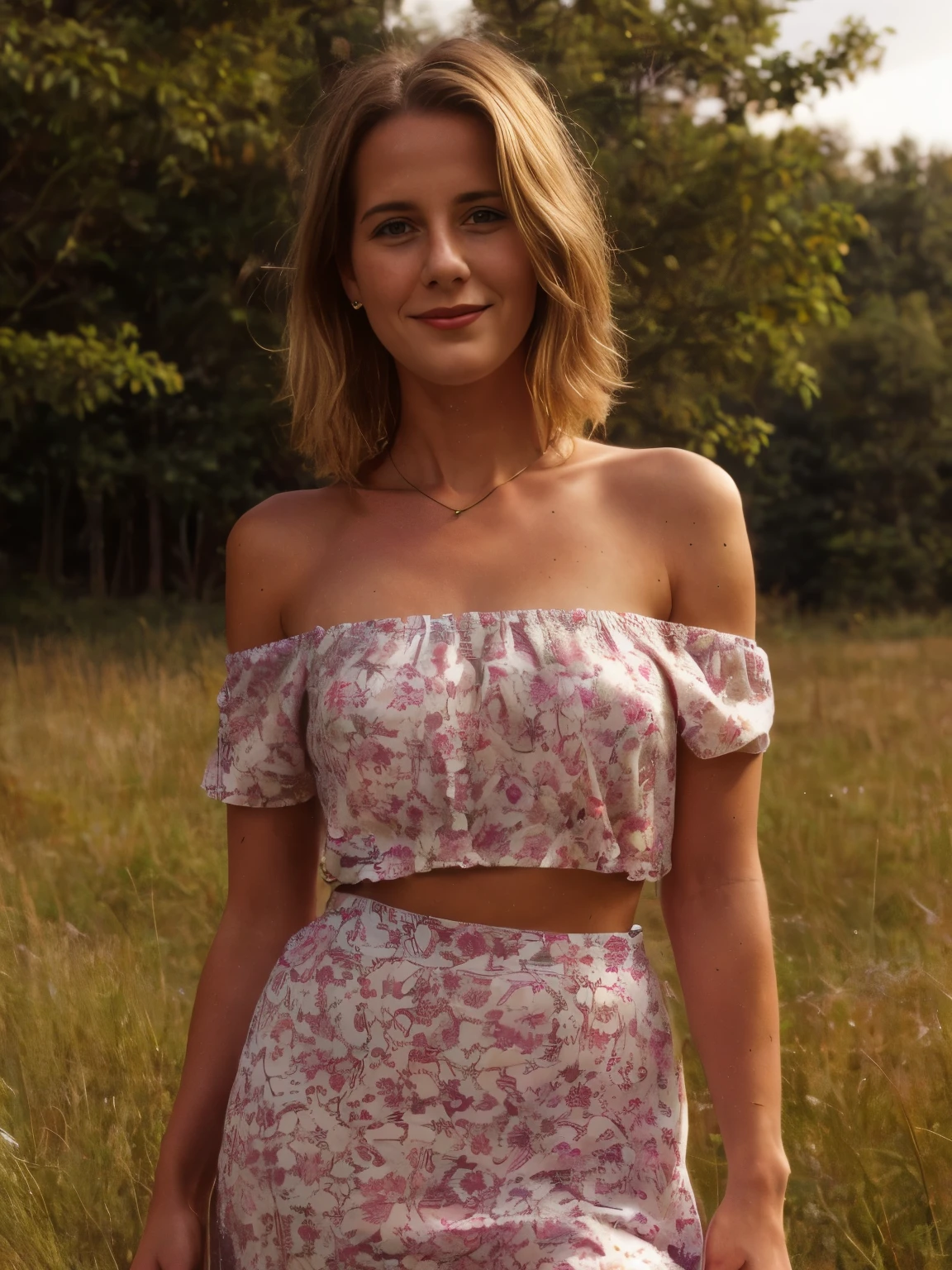 A young blond slightly smiling woman lies serenely on a lush,sunlit meadow,dressed in a stunning paisley print off-the-shoulder top and a flowing maxi skirt.The top, adorned with intricate paisley patterns in vibrant hues of teal, crimson, and gold, drapes gracefully over her shoulders, revealing her collarbones. The maxi skirt, made from a lightweight, airy fabric, flows around her with gentle movement, its subtle sways adding a touch of elegance to her pose. Her hair is styled in soft, wavy blond locks that cascade over her shoulders, with a buzz-cut at the nape of her neck contrasting against the longer waves. The natural texture of her hair catches the evening light, highlighting its rich, golden tones. Her skin is a warm tan, with realistic imperfections such as freckles and slight blemishes, which add to the authenticity of her appearance. The evening light casts a warm, golden glow across her skin, enhancing its natural beauty and bringing out the rich textures and subtle shadows. The background features a detailed, realistic depiction of a meadow, lush with greenery and dotted with wildflowers. The setting sun bathes the scene in a soft, golden light, creating a peaceful ambiance. The background is slightly blurred with a soft bokeh effect, focusing attention on the woman while adding depth to the composition. The gentle movement of the skirt and the subtle wind create a dynamic yet serene atmosphere, enhancing the natural feel of the scene. The off-the-shoulder top reveals the graceful curve of her collarbones, and she wears a delicate necklace that catches the light. Her expression is serene, with a soft smile and a calm demeanor, reflecting a moment of tranquility. The detailed background includes the lush greenery of the meadow and the setting sun, contributing to the overall peaceful ambiance of the image. The intricate patterns on her top and the flowing fabric of her skirt are rendered with rich textures, adding depth and visual interest to the scene.