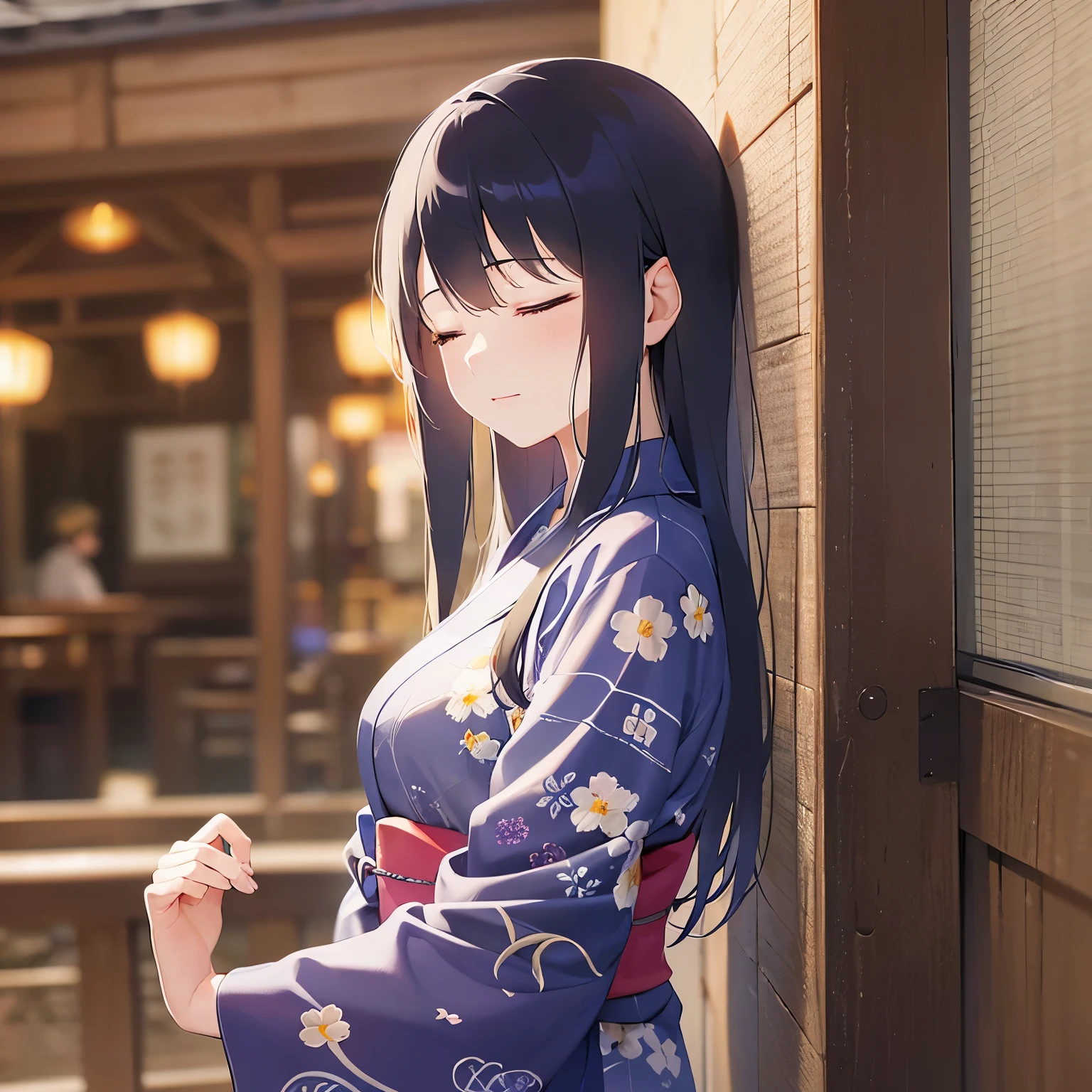 (closed eyes:1.5),side ungle,Upper Body,(looking away:1.5)、profile、leaning on wall、
Realistic, real person, (pale skin: 1.2), RAW photo, photorealistic, shiny skin, shiny hair、
(A 25-year-old woman with straight hair and bangs) and (medium hair) and (black hair) ,
Purple yukata,bitter、背景はnightの日本の旅館の廊下,night,indoor