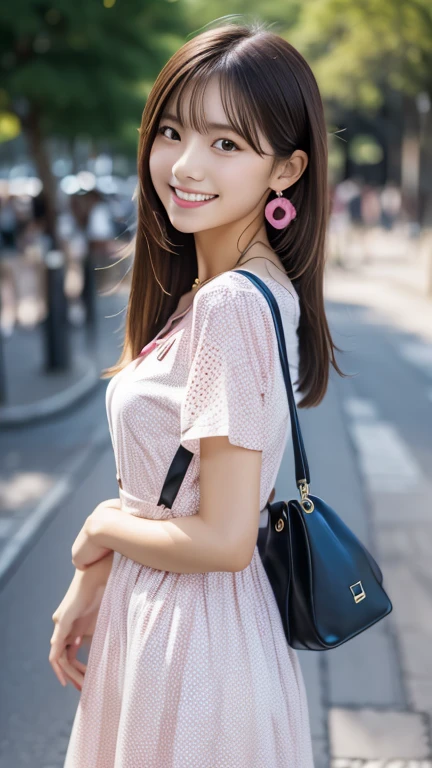 (masterpiece, Highest quality:1.1), (8k, RAW Photos, Photorealistic:1.2, f22), (Glowing Skin),Japanese,Detailed skin,Long one-length long hair,ribbon,Detailed face, fine grain,smilee,break, Real World, Intricate details, smile, break, One Girl, whole body,(Short sleeve,Pink polka dot dress),Stroll through the zoo,16 years old,155cm,With necklace and earrings,Shoulder bag,Young and cute gravure idol,skinny,Small breasts,High heels,素敵なsmile,