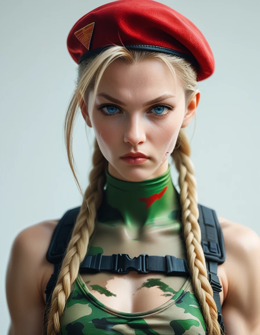 Digital illustration of a female character Cammy White with a muscular build, wearing a green, form-fitting bodysuit. She has long blonde hair styled in two braids, a red beret, and red gloves. Her facial expression is serious, with blue eyes and a determined look. The character's skin is fair, and she has green camouflage paint on her legs. The illustration is highly detailed, with a focus on the character's strong physique and intense expression. anime, anatomically correct, super detail, high quality, 4K