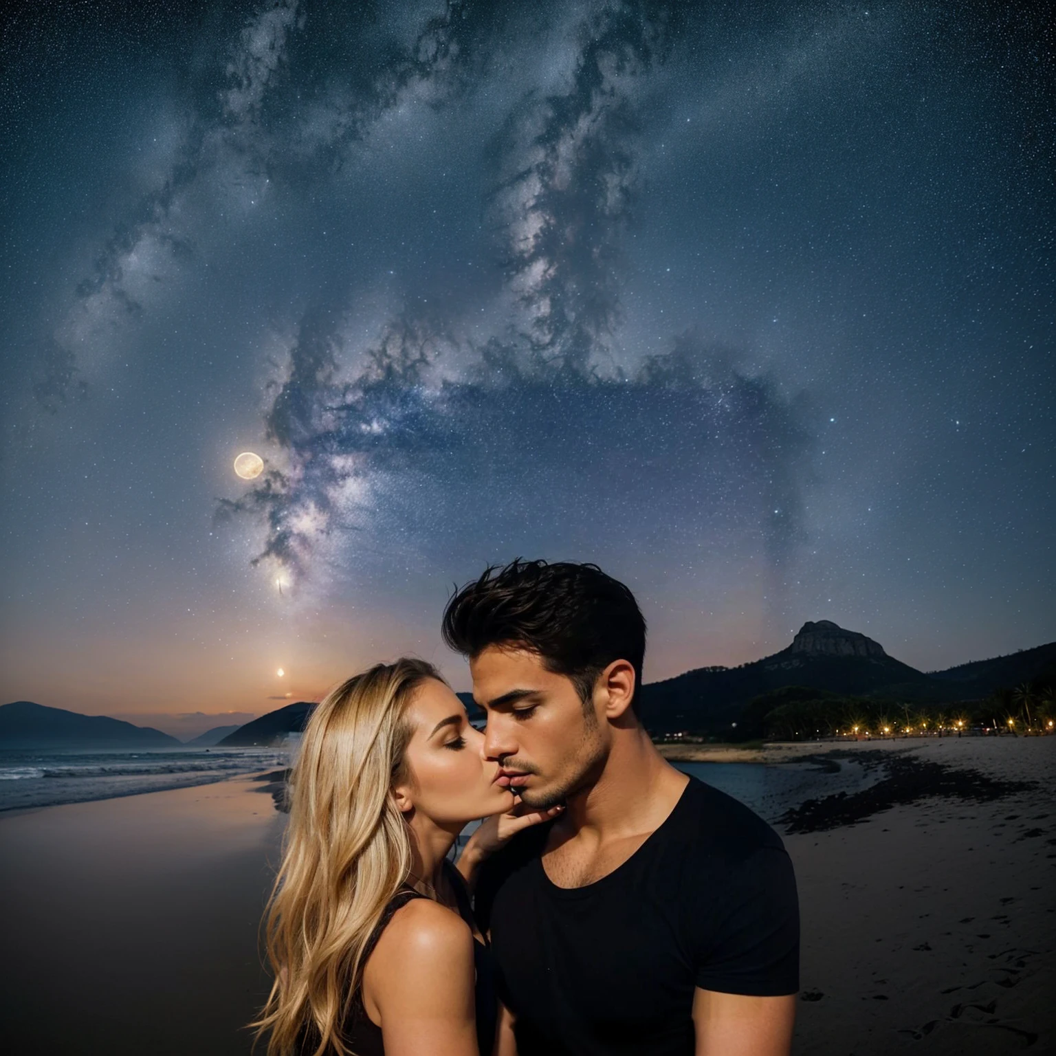 A beautiful beach at night, starry sky, mountainscape, fullmoon