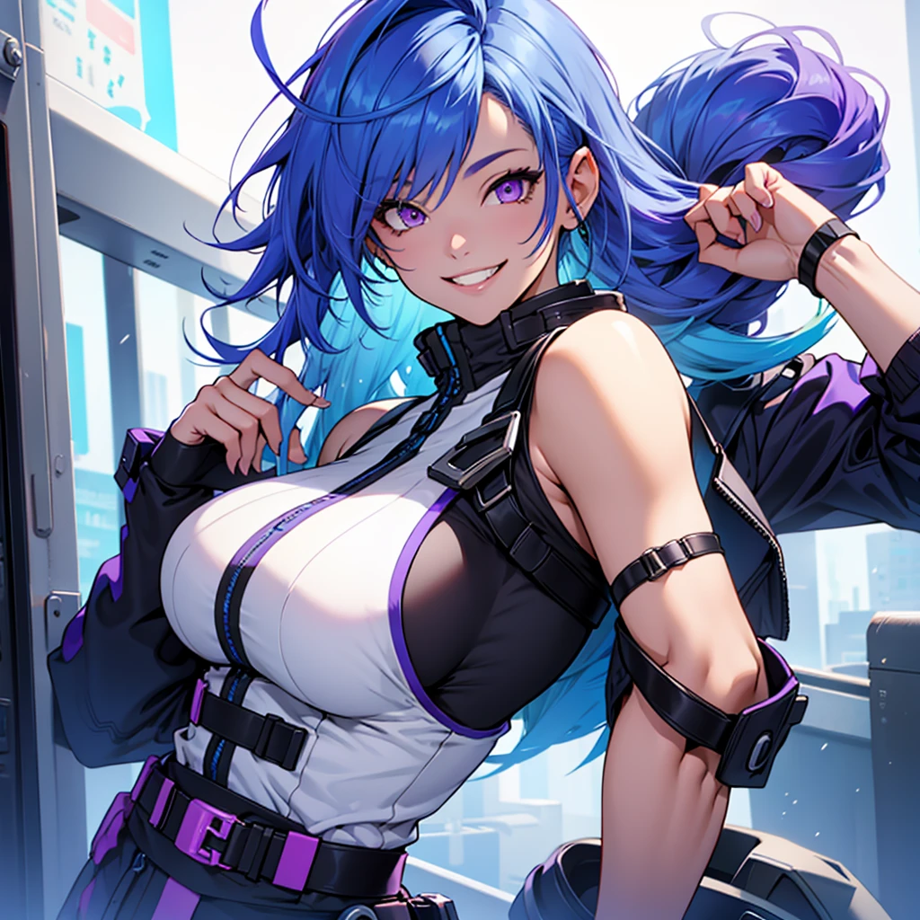 solo, One girl, High resolution, Shortcuts, Blue Hair，
Gradient color hairstyle, Inner Color, Large Breasts, smile, Purple eyes, laughing, Odd Eye, 