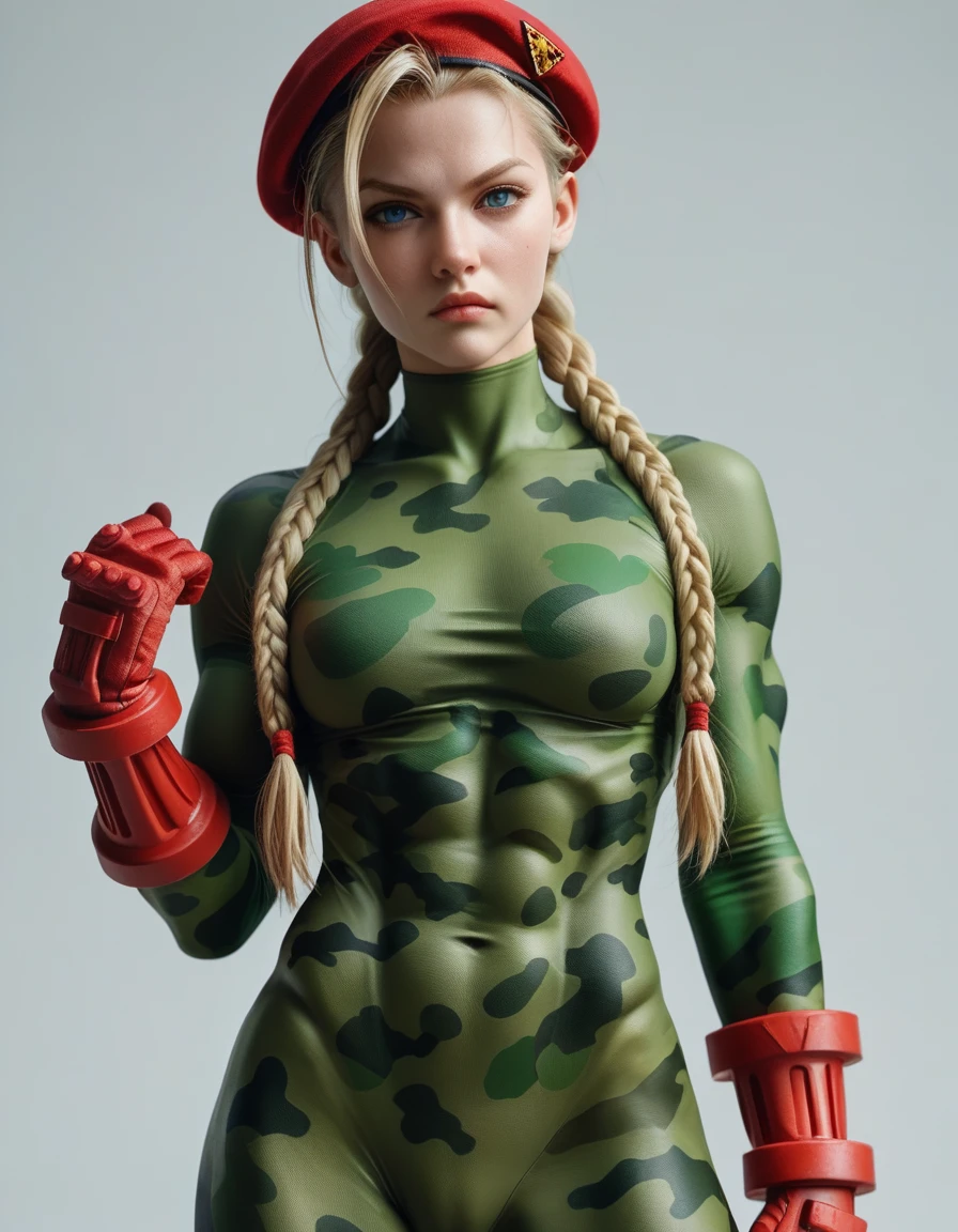Digital illustration of a female character Cammy White with a muscular build, wearing a green, form-fitting bodysuit. She has long blonde hair styled in two braids, a red beret, and red gloves. Her facial expression is serious, with blue eyes and a determined look. The character's skin is fair, and she has green camouflage paint on her legs. The illustration is highly detailed, with a focus on the character's strong physique and intense expression. anime, anatomically correct, super detail, high quality, 4K