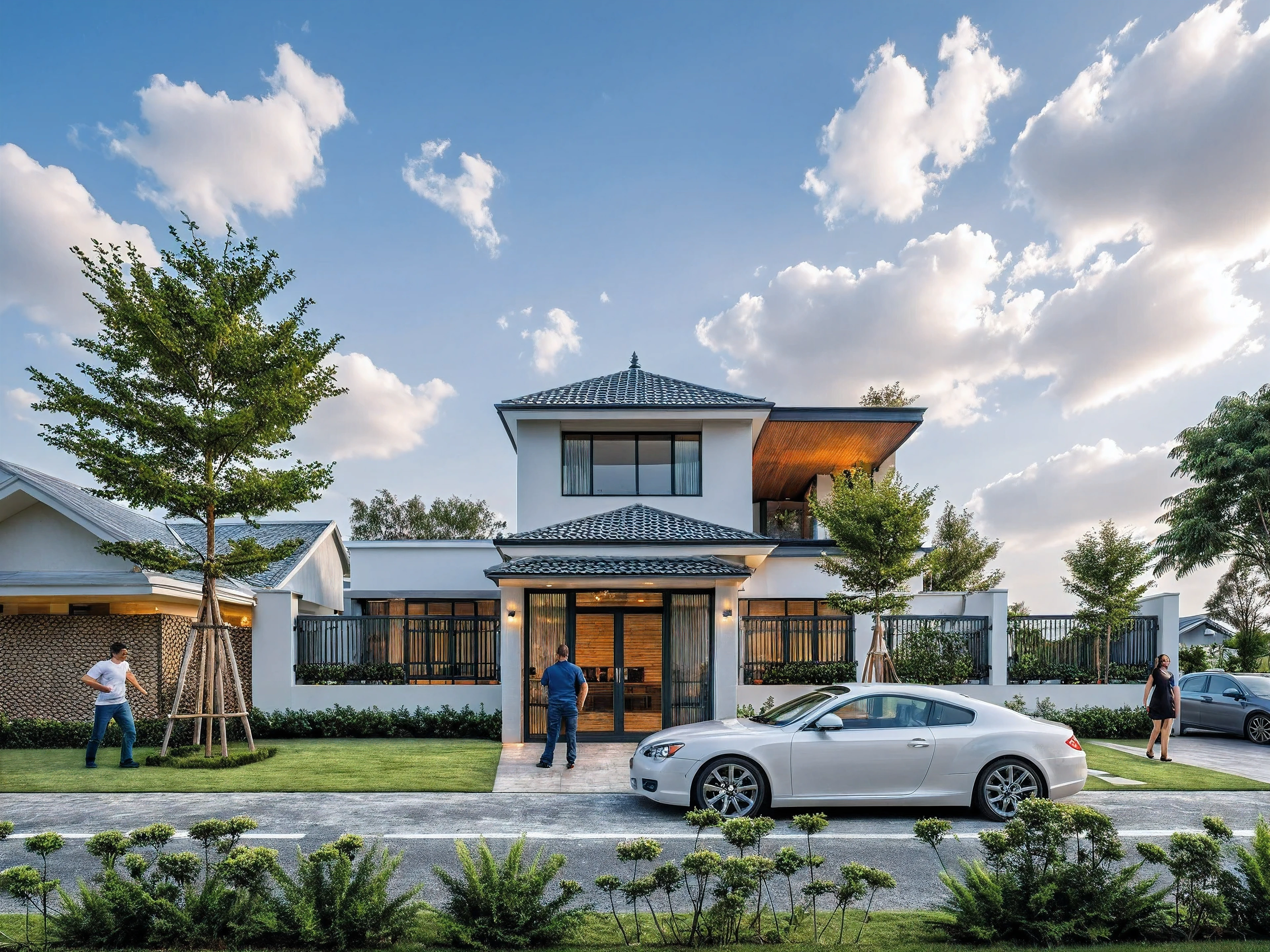 Masterpiece, high quality, best quality, authentic, realistic scene, super detail, outdoors, house on the street ,white wall, glass window, steel gate, road, pavement, grass, trees, sky, cloud, car (daylight:1.1)