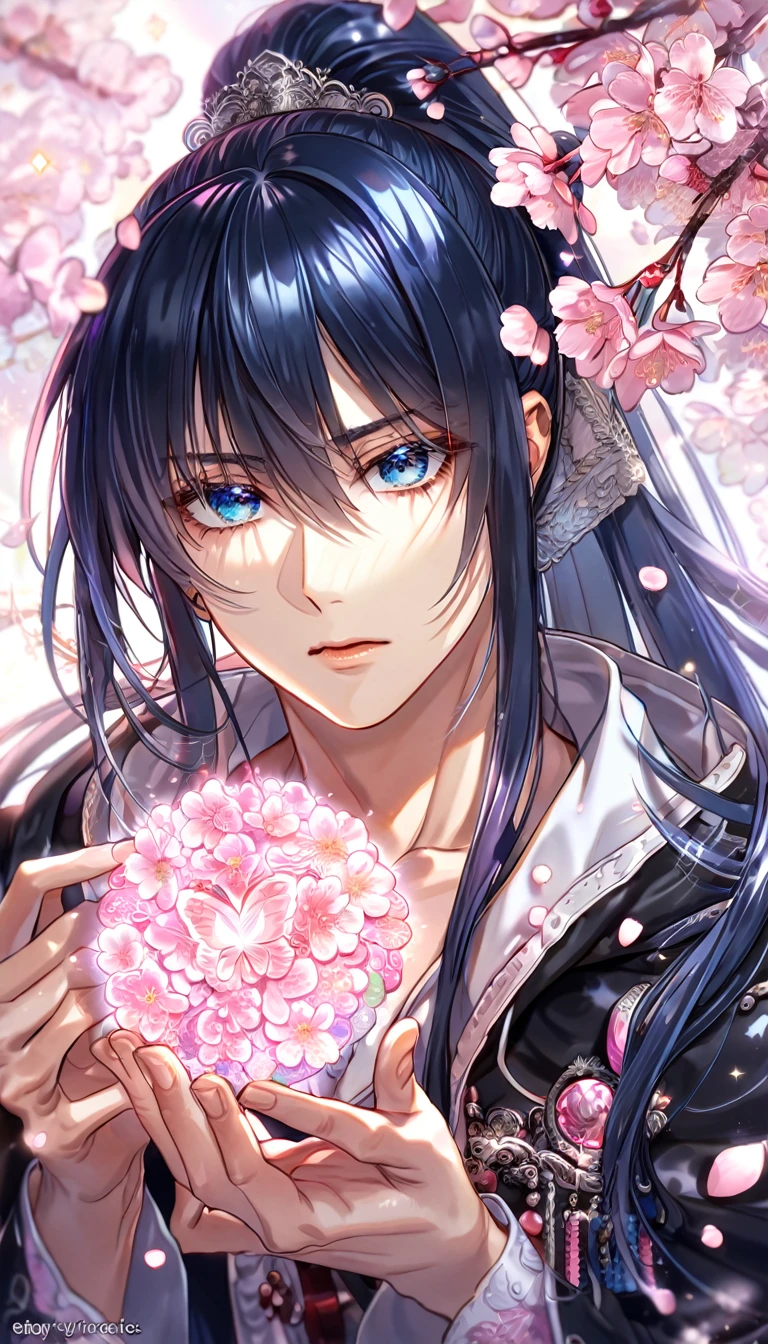 absurdres, highres, ultra detailed, HDR, master piece, best quality, extremely detailed, Kanda Yuu, dark blue hair, hair tied in a ponytail, expressive blue eyes, D.Gray-man, solo, sexy man, handsome, sensual, black coat, magical, sparkling, pink glittering fireflies, pink ice, pink ice butterflies, pink ice petals, pink ice cherry blossoms, pink crystal