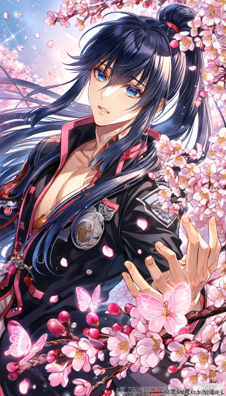 absurdres, highres, ultra detailed, HDR, master piece, best quality, extremely detailed, Kanda Yuu, dark blue hair, hair tied in a ponytail, expressive blue eyes, D.Gray-man, solo, sexy man, handsome, sensual, black coat, magical, sparkling, pink glittering fireflies, pink ice, pink ice butterflies, pink ice petals, pink ice cherry blossoms, pink crystal