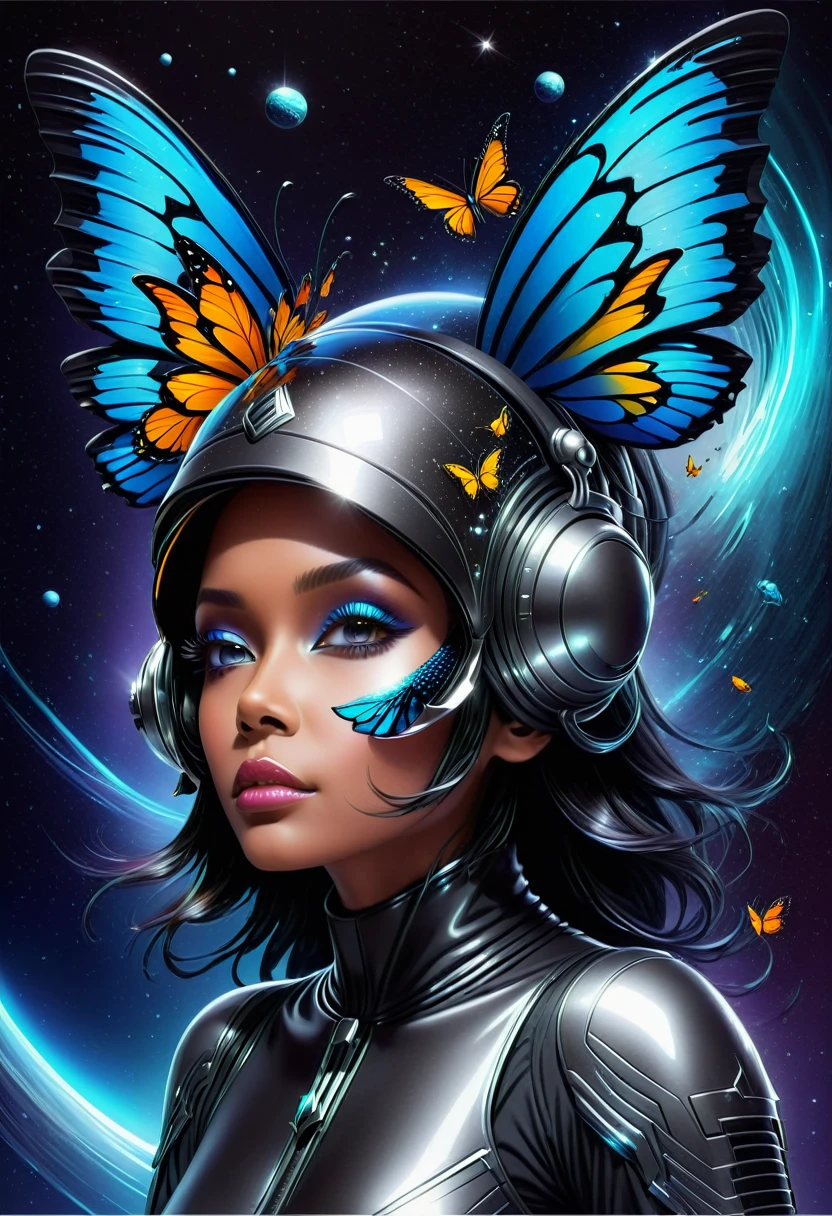 Imagine the print for a street wear style t-shirt, face of a futuristic humanoid with a futuristic steel helmet, the background of the image is black with shiny flashes simulating that it is in outer space, giving a metal effect around it Very realistic butterflies fly, add geometric elements and bright sparkles, style by Yoga Pratama, all this immersed in a vintage style with photoshop halftone effect