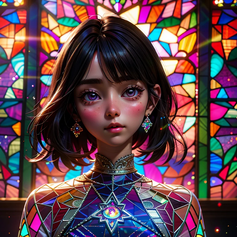 SFW, concept art, Tiny junior idol, (Detailed Delicate lace knitted white clothes), (nipple:-0.9), face closeup, (Elaborate stained glass Background:1.37), (((Renbutsu Misako), colorful Light shines through delicate stained glass:1.2, vivid red colors, Luminous Particles, light Particles))(Acutance:0.8). (ProfessionalPhoto:1.2),(ultra-detailed:1.37), (Extremely detailed KAWAII face variations, innocent expression variations), rosy cheeks, intricate detailed eyes with sparkling highlights, long eyelashes with volume, subtle blush on the face. Mystic sight, haze, Impeccable Radiant PearlSkin with Transparency, captivating gaze, ((Dynamic-angle)), whole Body proportions and all limbs are anatomically accurate . (Exposed:0.44)