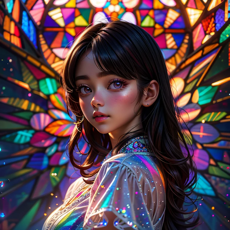 SFW, concept art, Tiny junior idol, (Detailed Delicate lace knitted white clothes), (nipple:-0.9), face closeup, (Elaborate stained glass Background:1.37), (((Renbutsu Misako), colorful Light shines through delicate stained glass:1.2, vivid red colors, Luminous Particles, light Particles))(Acutance:0.8). (ProfessionalPhoto:1.2),(ultra-detailed:1.37), (Extremely detailed KAWAII face variations, innocent expression variations), rosy cheeks, intricate detailed eyes with sparkling highlights, long eyelashes with volume, subtle blush on the face. Mystic sight, haze, Impeccable Radiant PearlSkin with Transparency, captivating gaze, ((Dynamic-angle)), whole Body proportions and all limbs are anatomically accurate . (Exposed:0.44)