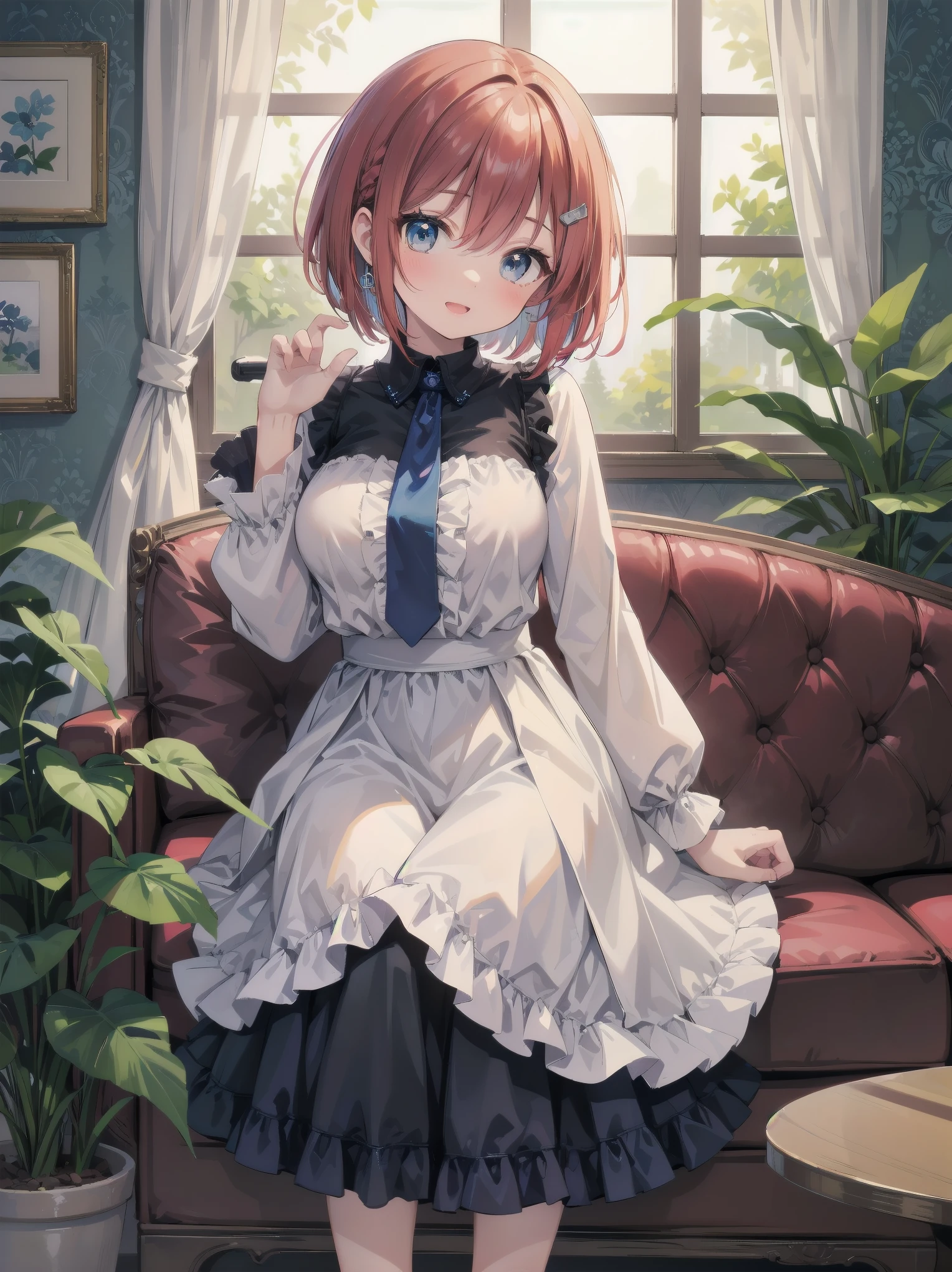 Scene Description: - Composition: Portrait. Focus on the face. Shot from the front. - Subject: Cute girl. (Chibi:1.1). Real person. - Features: - Face: (Cute round face:1.2). - Eyes: Detailed dark blue eyes. - Hair: One-leg bob-cut hair down the front with a large ribbon hairpiece, (golden hair), (red inner hair), auburn hair, hair between the eyes. - Body: Detailed slender body. Large breasts. - Clothing: Pink ruffled blouse, flares, blue ribbon tie, long ruffled sleeves, layered skirt. - Expression: happy expression. Mouth open. - Pose: head tilted back. She is looking at the viewer. - Background: living room of a trendy café. - Elements: Houseplants. Cute pastel sofa. Cute pastel curtains. Cute pastel-colored wallpaper. Time: Daytime. Lighting: (Natural light: 1.4). Art Style: Watercolor. Traditional media. Quality: Intricate details. Highly detailed. Outstanding complexity. (Masterpiece: 1.2). (Highest quality: 1.2). (Absurd absolute resolution: 1.4). Mood: Calm,