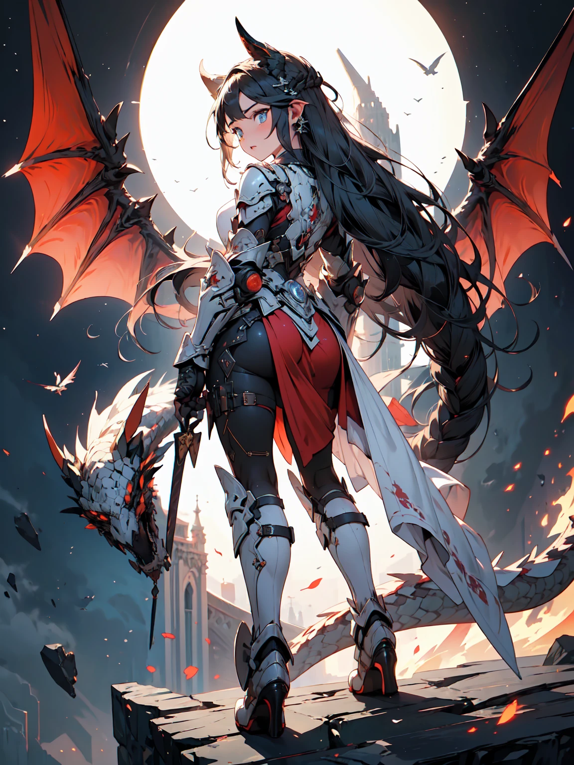 (((masterpiece))), (((best quality))), (((16k))), girl, (full-body), dragon armor, intricate details, red glow, short shilver hair, back messy hair, detailed hair strands, light blue eyes, dominance expression, walking in lesser caotic place as she rule the world, fire background, and dragons in the night sky, fierce aura, (high quality ilumination)