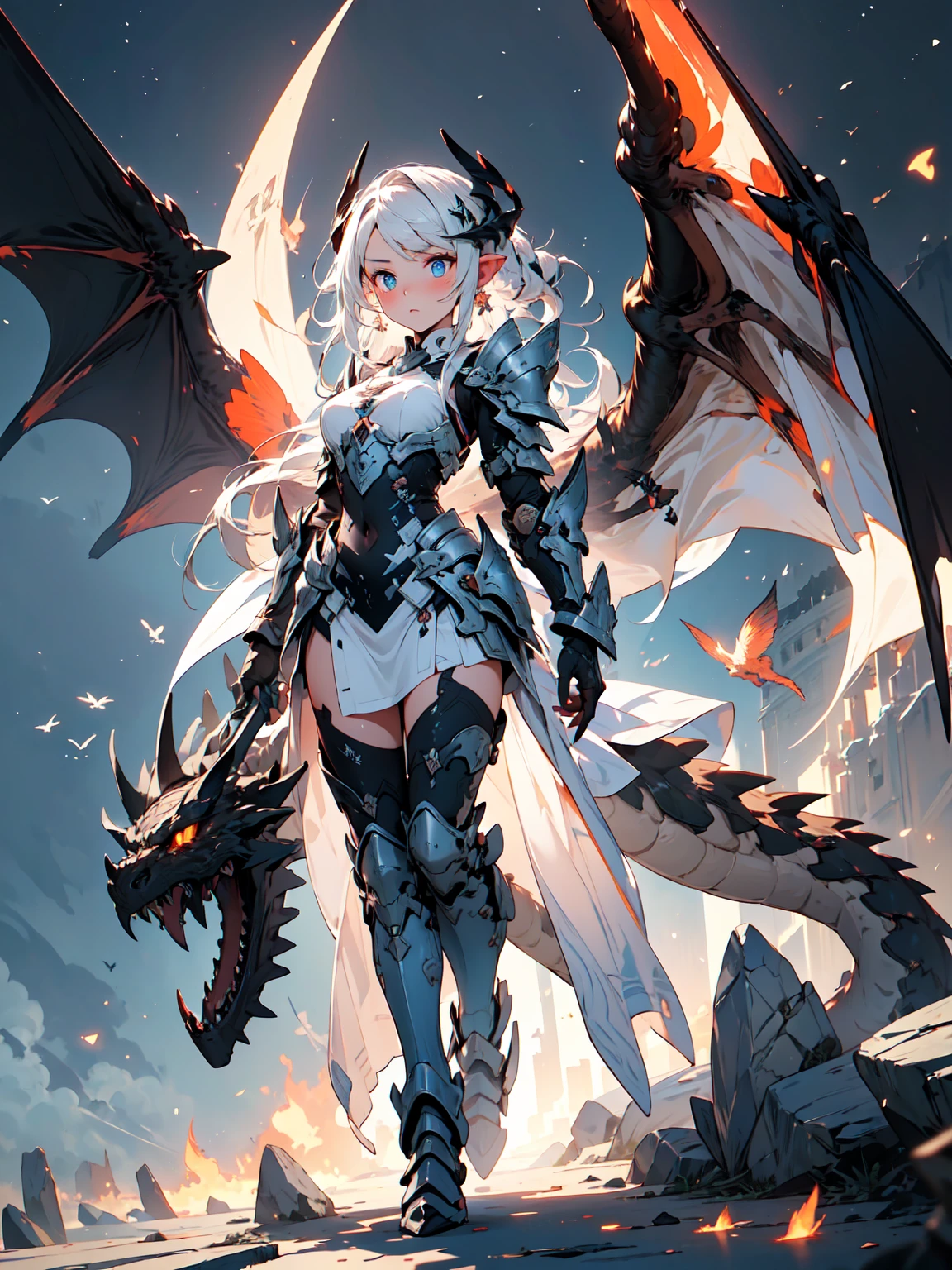 (((masterpiece, best quality, 8k))), girl, (full-body), dragon armor, intricate details, red glow, short shilver hair, back messy hair, detailed hair strands, light blue eyes, dominance expression, walking in lesser caotic place as she rule the world, fire background, and dragons in the night sky, fierce aura, (high quality ilumination)