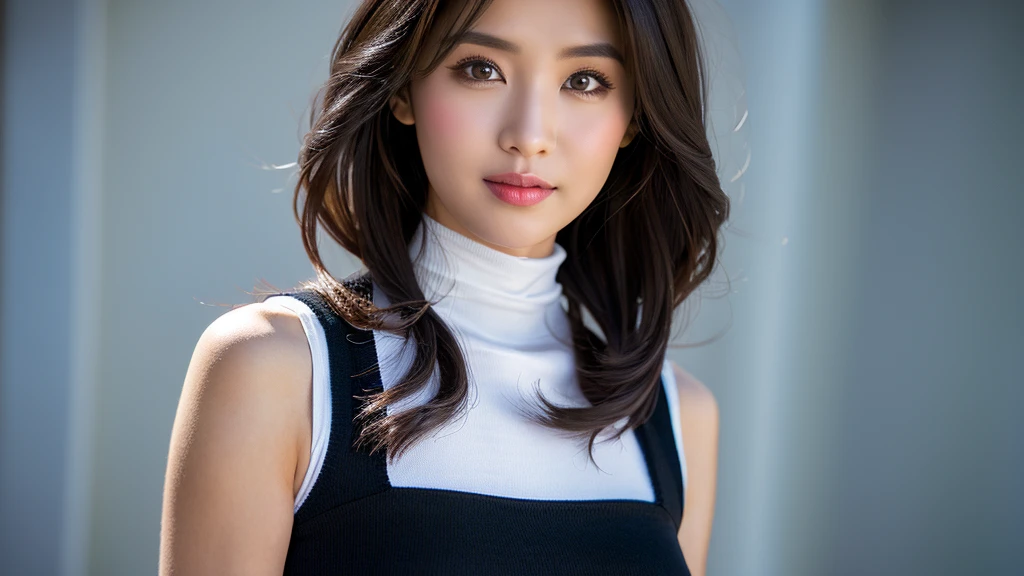 (Detailed face),vivid,chest,cute,Sleeveless and(turtleneck)Black lace dress,4K,Ultra-high resolution,(Photorealistic:1.7),White background,Long black hair,