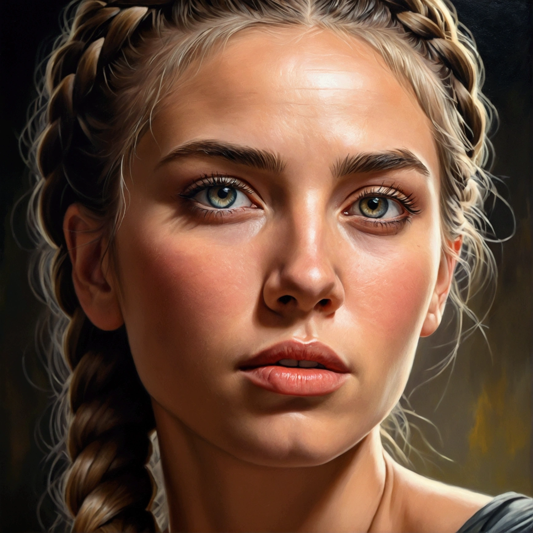 low angle)(woman)(braided hair)(tall and menacing), (oil painting)(detailed face, eyes and lips), (strong lighting), (best quality, high resolution, masterpiece: 1.2 ), (ultra-detailed) (realistic: 1.37), (professional), (vivid colors),