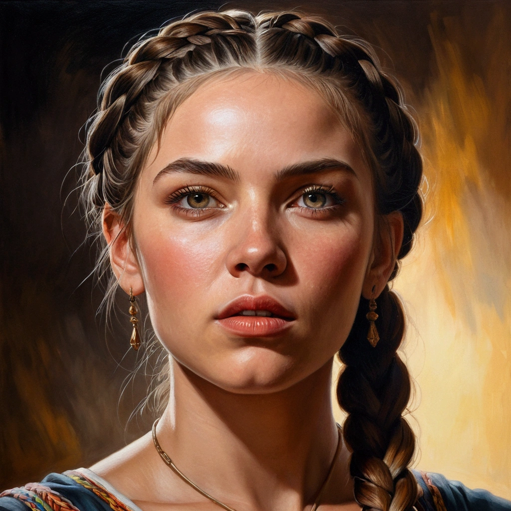 low angle)(woman)(braided hair)(tall and menacing), (oil painting)(detailed face, eyes and lips), (strong lighting), (best quality, high resolution, masterpiece: 1.2 ), (ultra-detailed) (realistic: 1.37), (professional), (vivid colors),