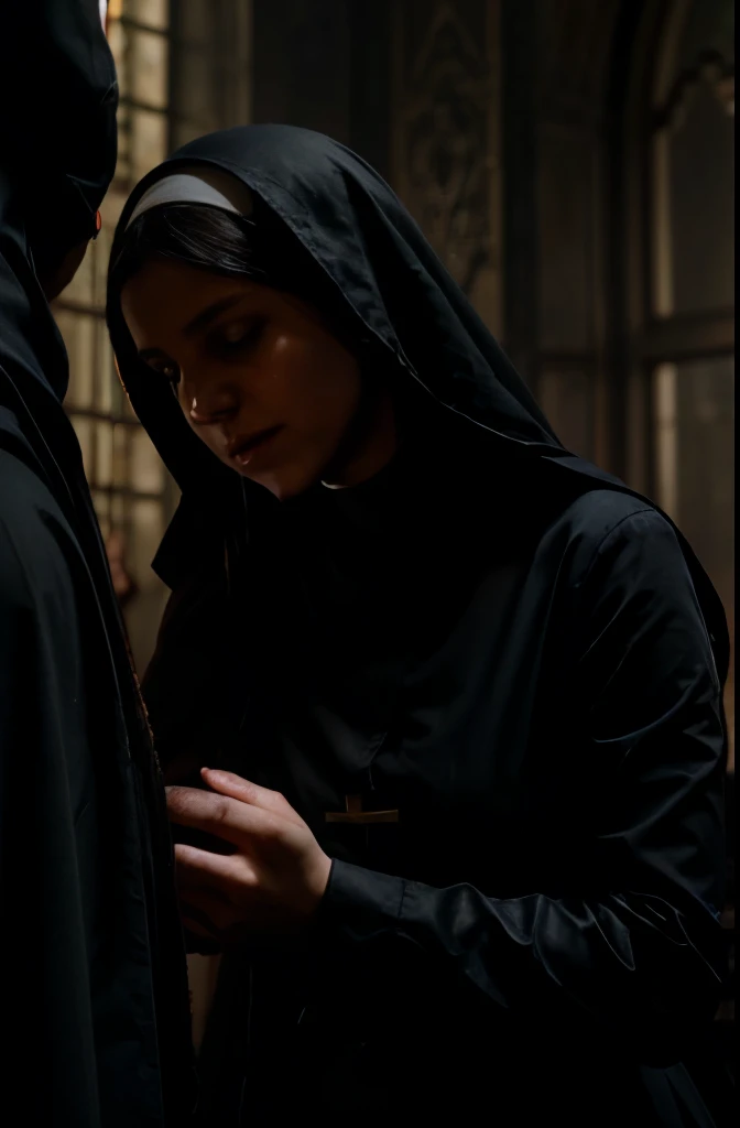 a young female christian clergy, nun in religious habit fondling a naked man's erect penis with her hands and mouth, ultra-detailed, photorealistic, 8k, intricate details, chiaroscuro lighting, dramatic composition, baroque style, moody, dark, muted colors