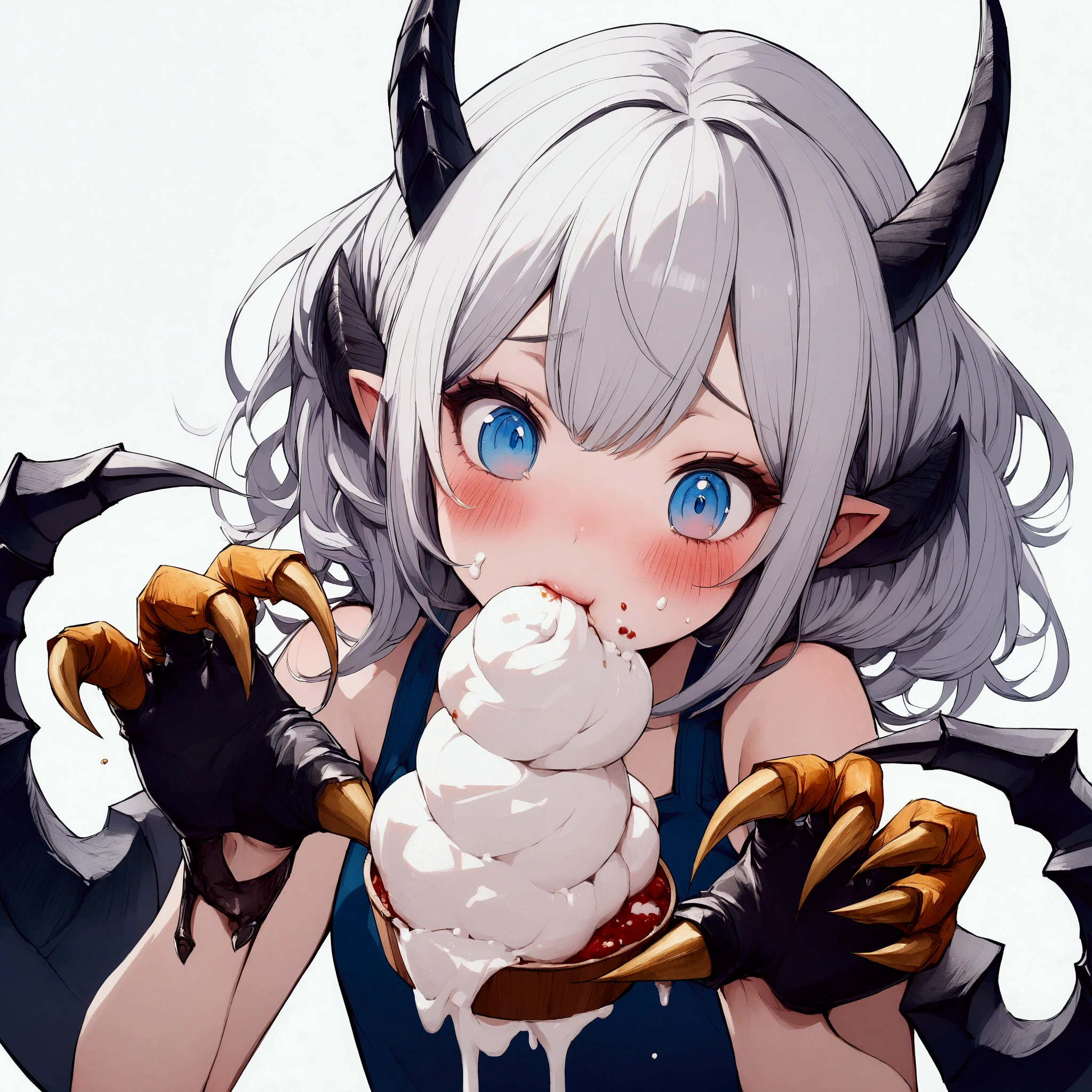 Girl, blushing, horns, claws, white hair, blue eyes, eating, cream, hot