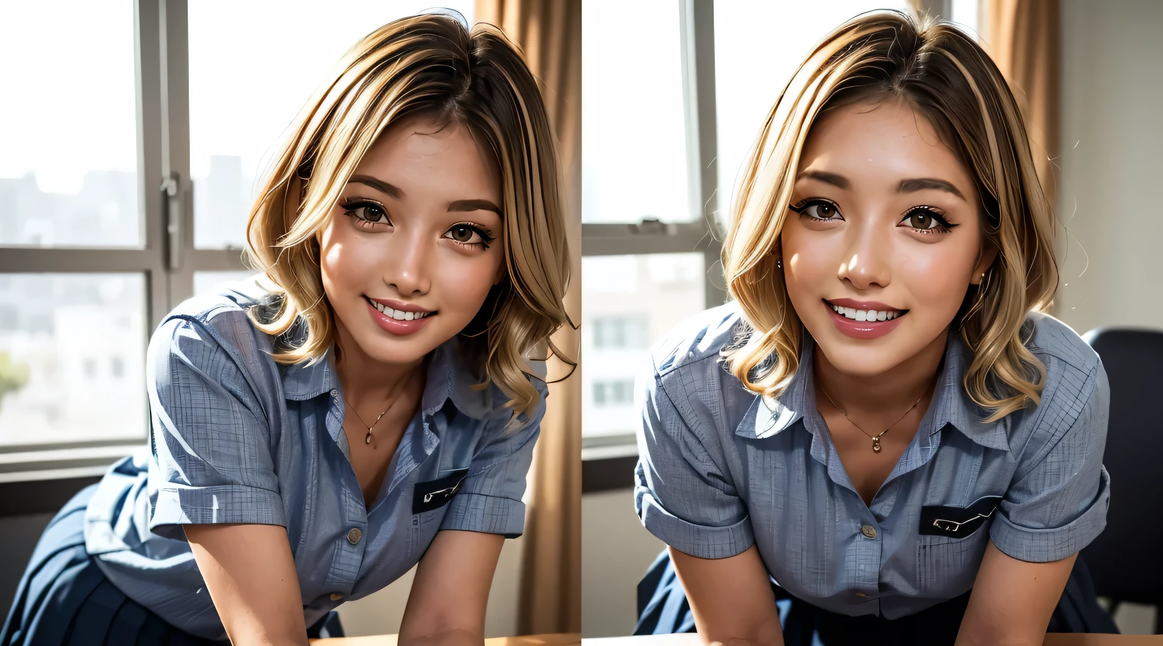 Realistic, masterpiece, Highest quality, Highest Resolution, Japanese , one girl, 16 years old, all body photo, (Sharp Eyes, Squint your eyes, Grin, Embarrassed, Open your mouth, Chin up, Hunchback), Beautiful and detailed eye drawing, (Droopy eyes:1.1), Iris, Thin eyebrows, Draw eyelashes carefully, (Hidden eyelid wrinkles:1.3), Gal Makeup, (Blonde Wavy Hair, short hair, 7:3 parting:1.3),Wearing a white short-sleeved button-up shirt, She is wearing a short, grey, checked pleated skirt., (Thick thighs:1.2), (Sitting with legs apart on the desk:1.3), (( for all fours on the bed)),