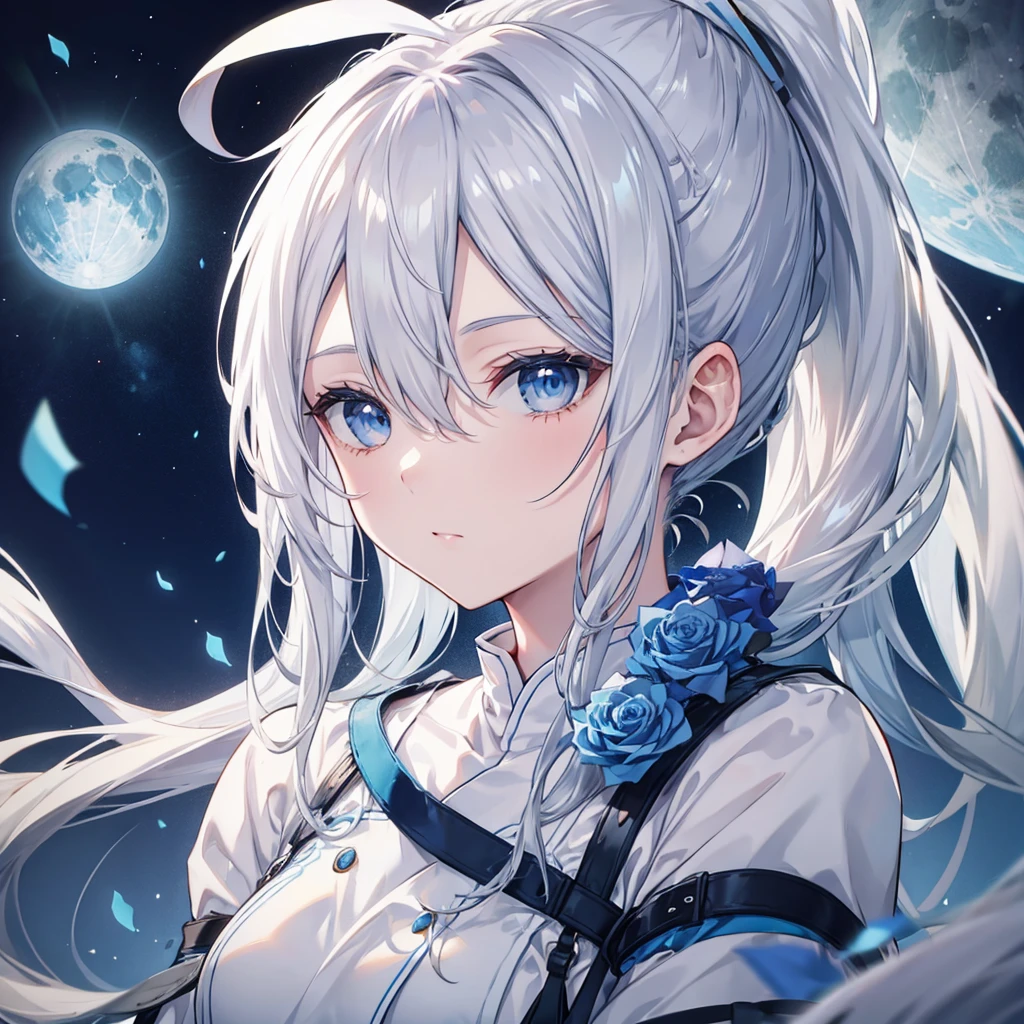 ((((Gray Hair、ponytail、Long Hair　1 person　Blue eyes、Shine　Pure white skin　Smooth skin))))　(((Adult women、slender　Kind Face　With blue roses　Blue and white)))　((Big Moon、night　milky way))　(Shine背景　白くShine縁)